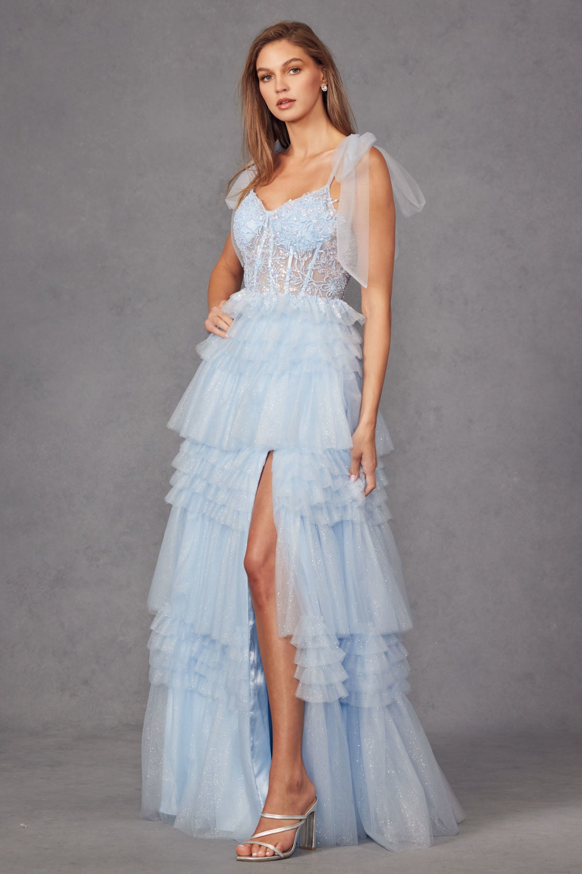 Prom Dresses Tiered Ruffle Skirt Long Formal Prom Gown Ice Blue