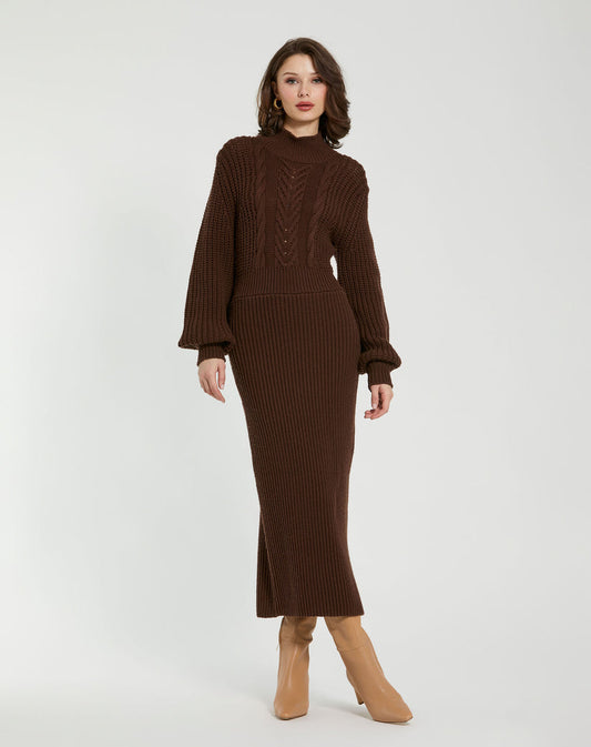 Formal Dresses Long Sleeve Fitted Formal Midi Length Evening Dress Chocolate