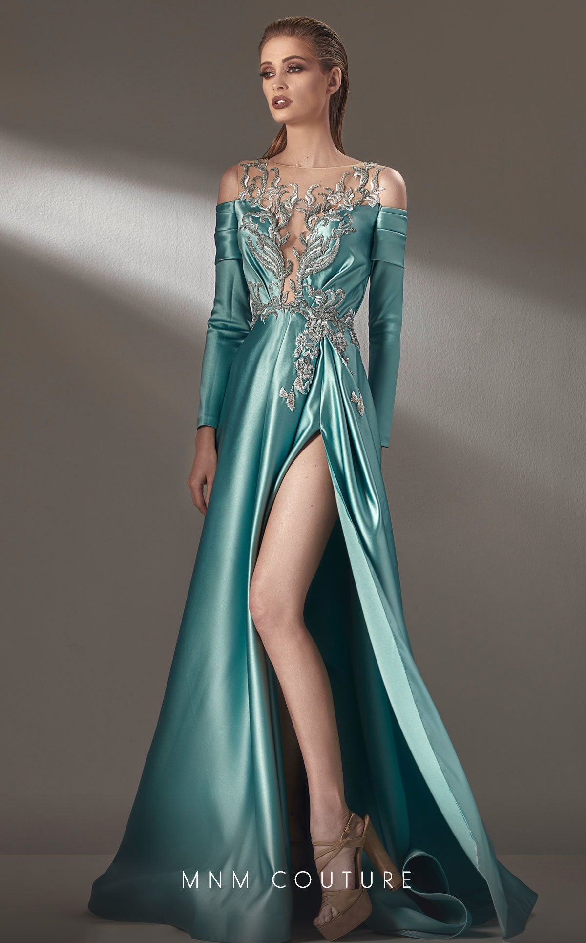 Formal Dresses A Line Long Formal Metallic Applique Prom Evening Dress Aqua