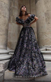 Formal Dresses Long Floral A Line Ruffle Formal Dress Black