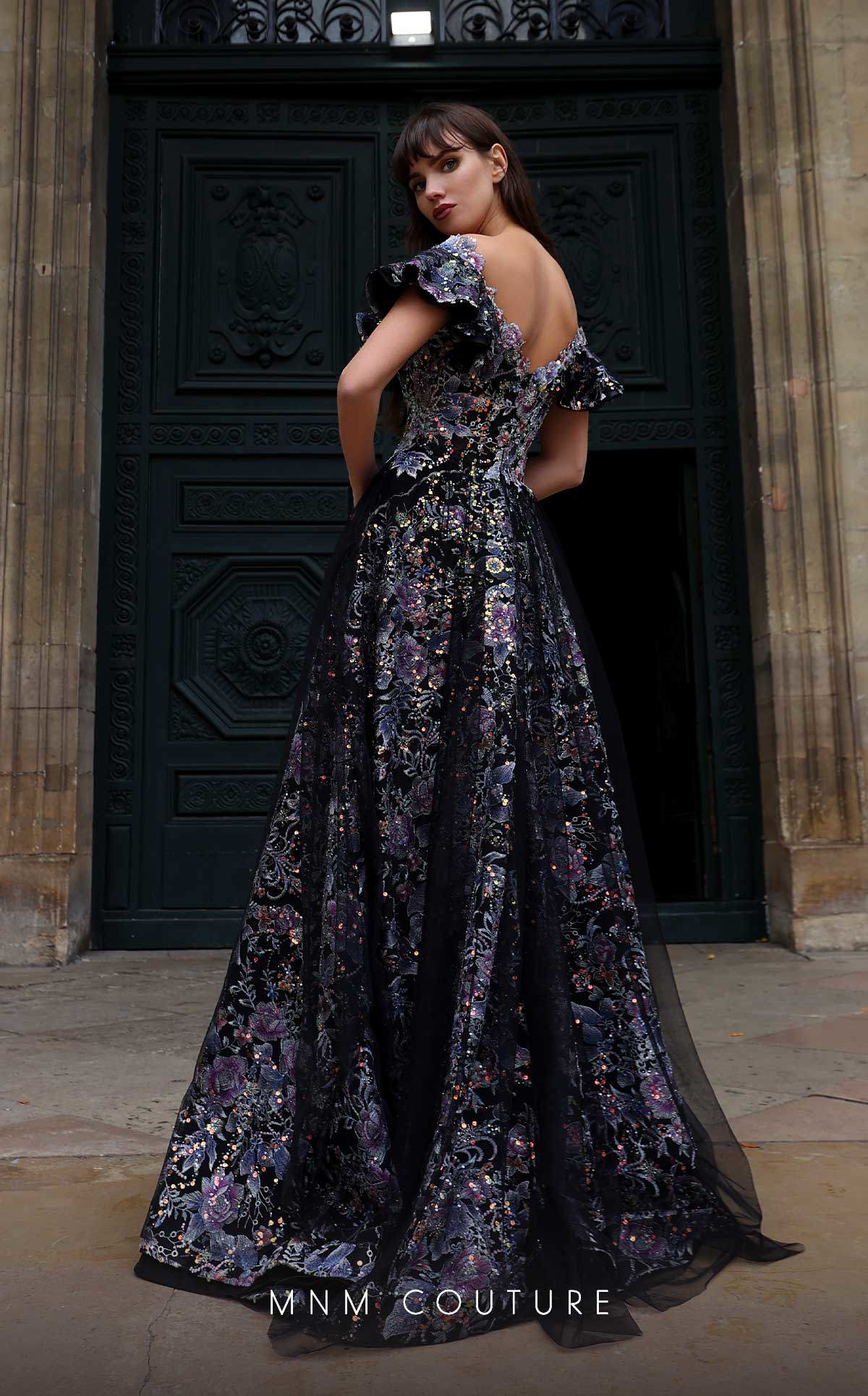 Formal Dresses Long Floral A Line Ruffle Formal Dress Black