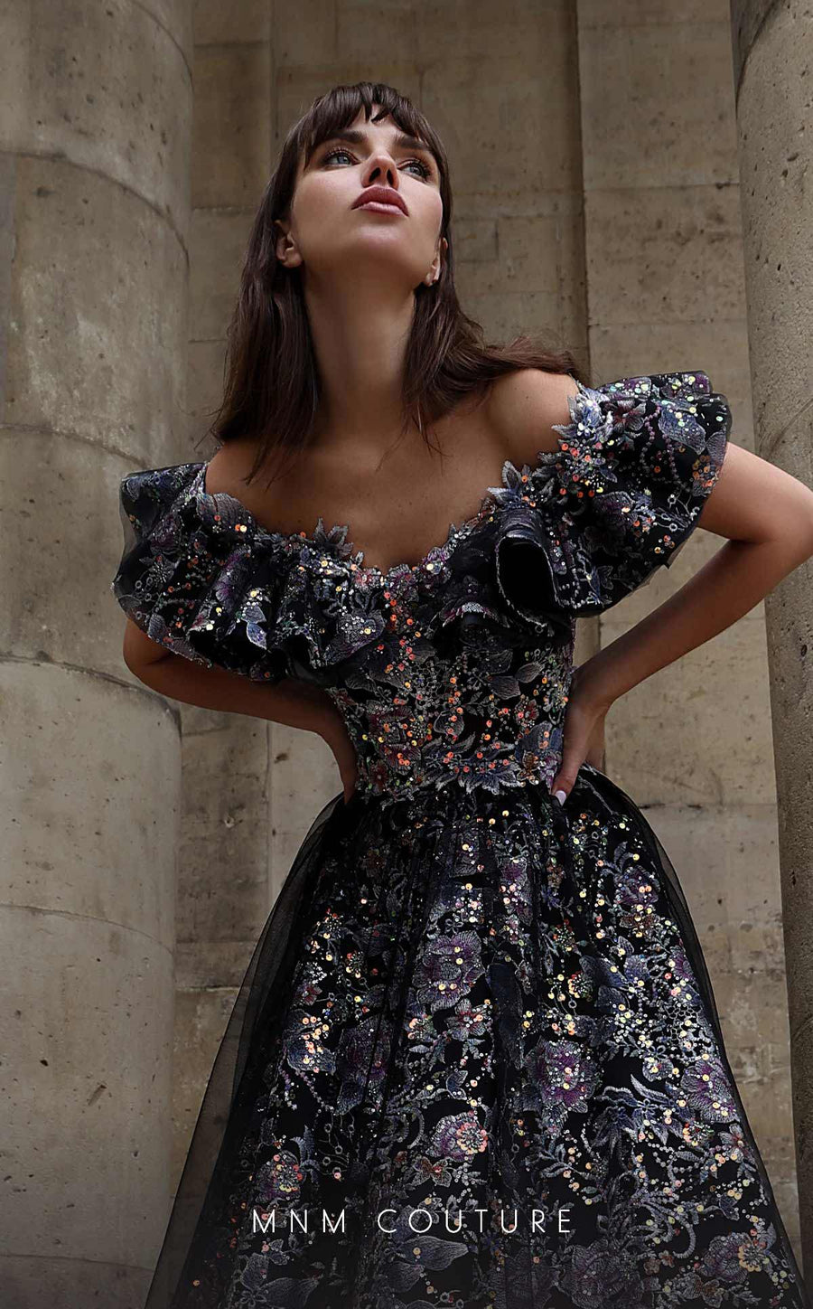 Formal Dresses Long Floral A Line Ruffle Formal Dress Black