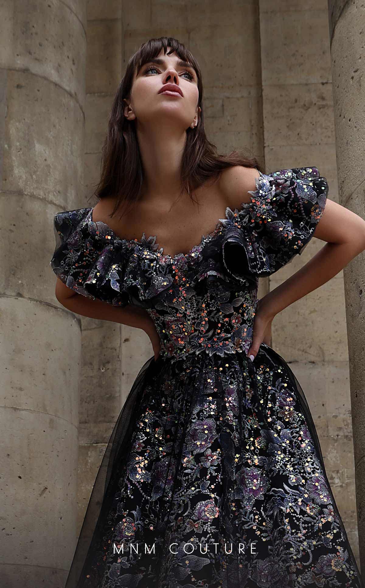 Formal Dresses Long Floral A Line Ruffle Formal Dress Black