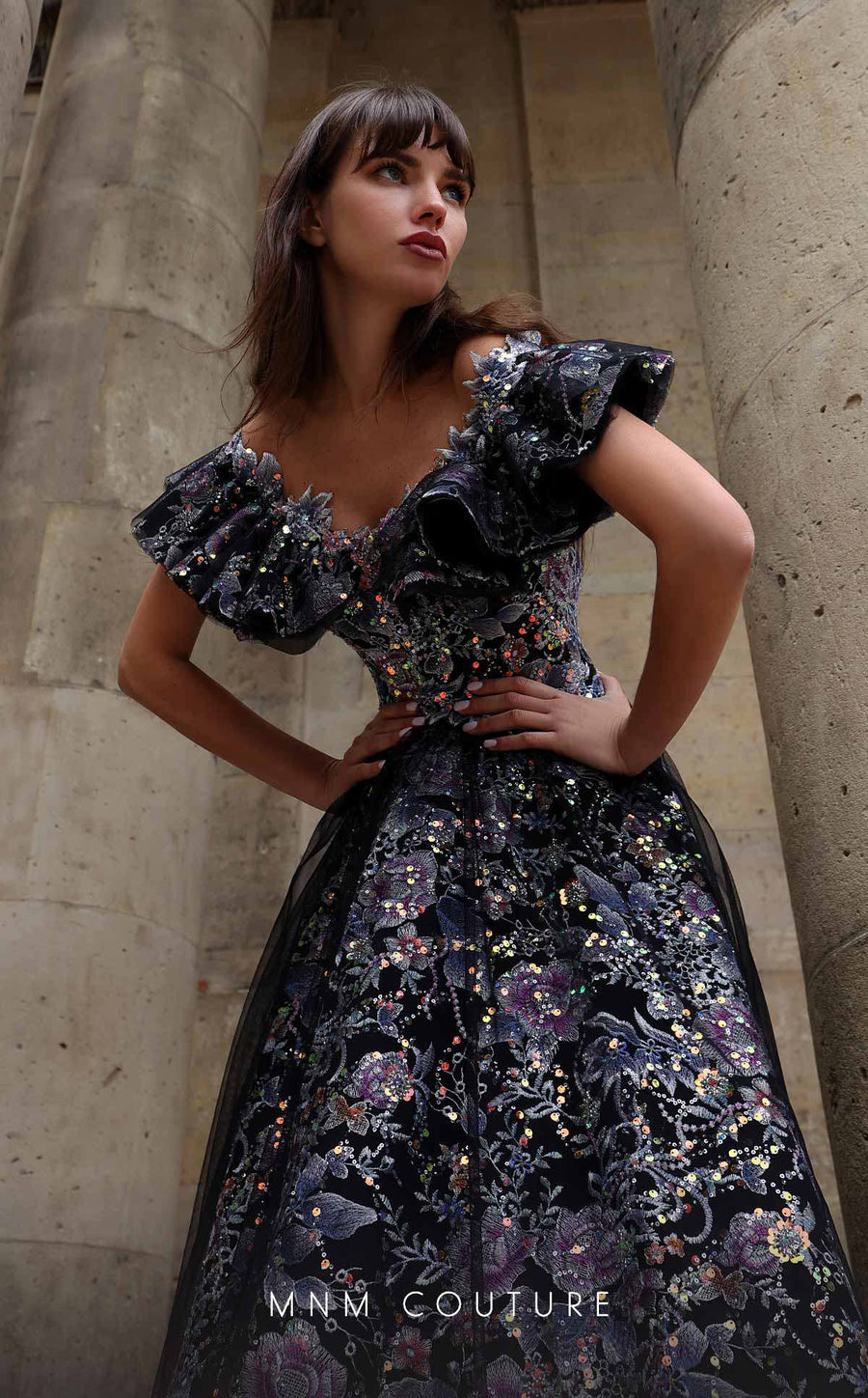 Formal Dresses Long Floral A Line Ruffle Formal Dress Black