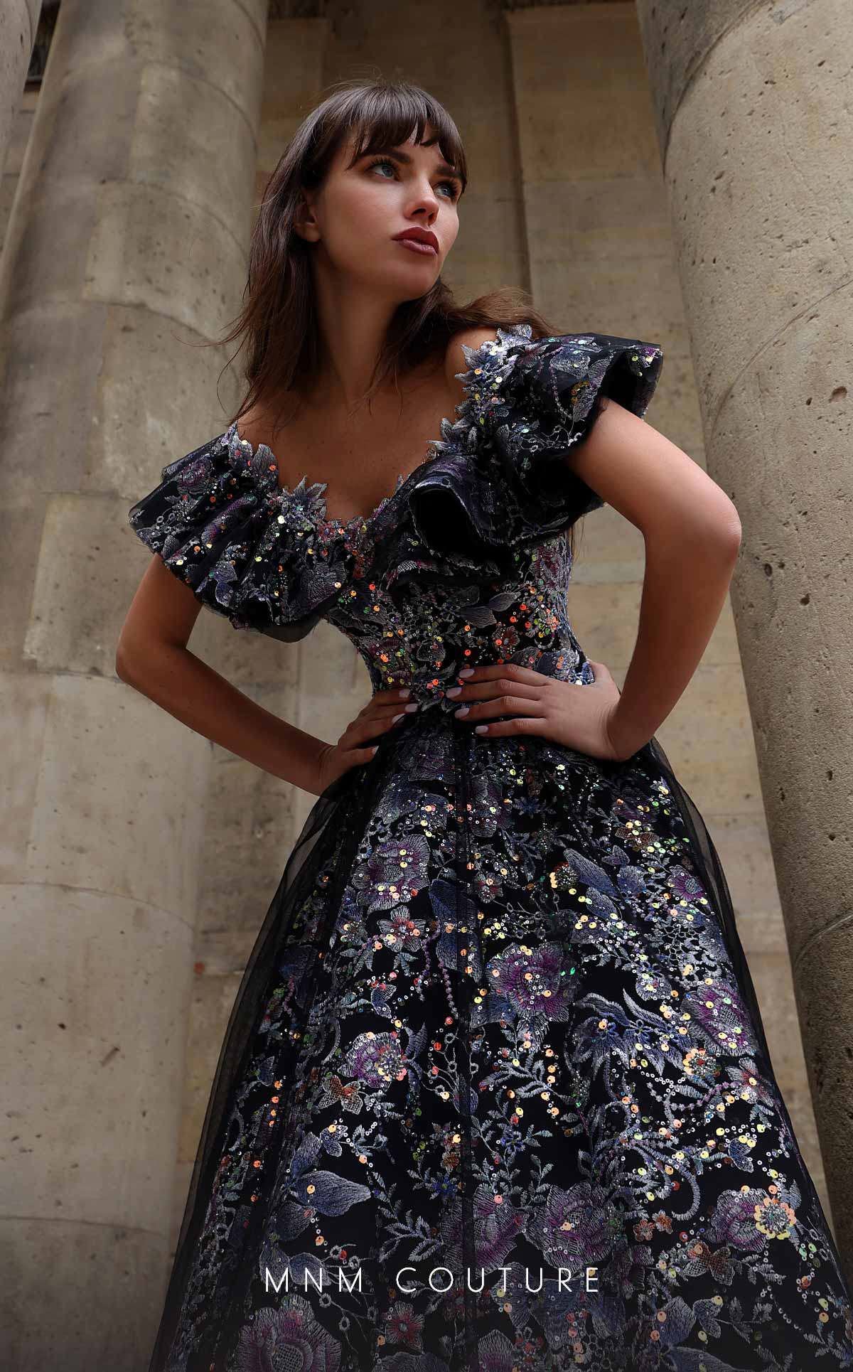 Formal Dresses Long Floral A Line Ruffle Formal Dress Black
