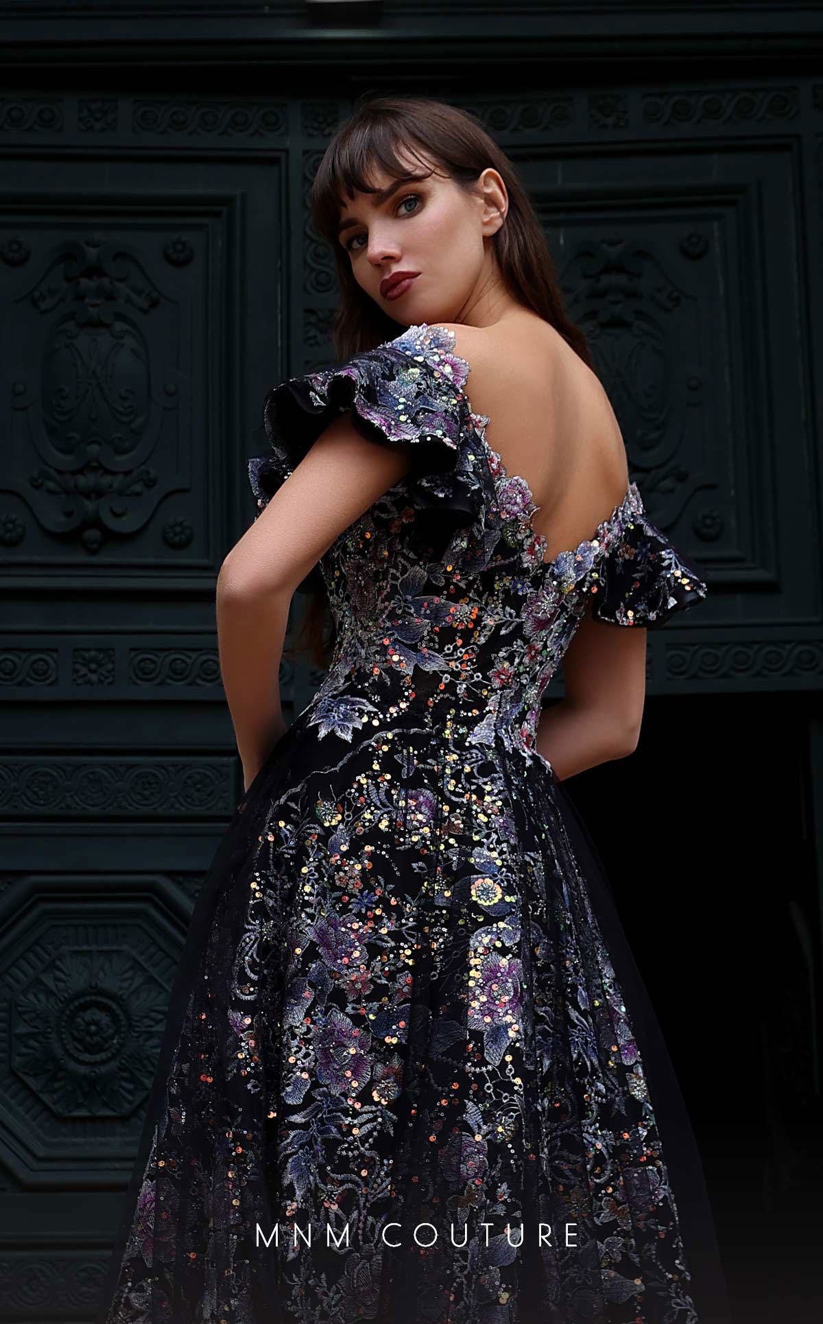 Formal Dresses Long Floral A Line Ruffle Formal Dress Black