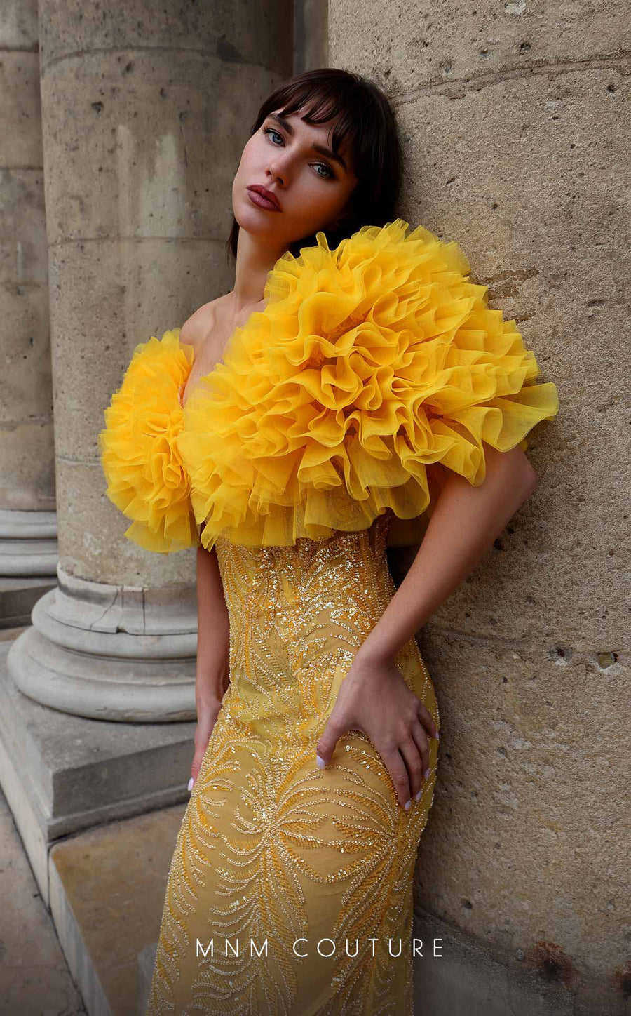 Formal Dresses Fitted Long Formal Ruffle Sequin Evening Dress Yellow