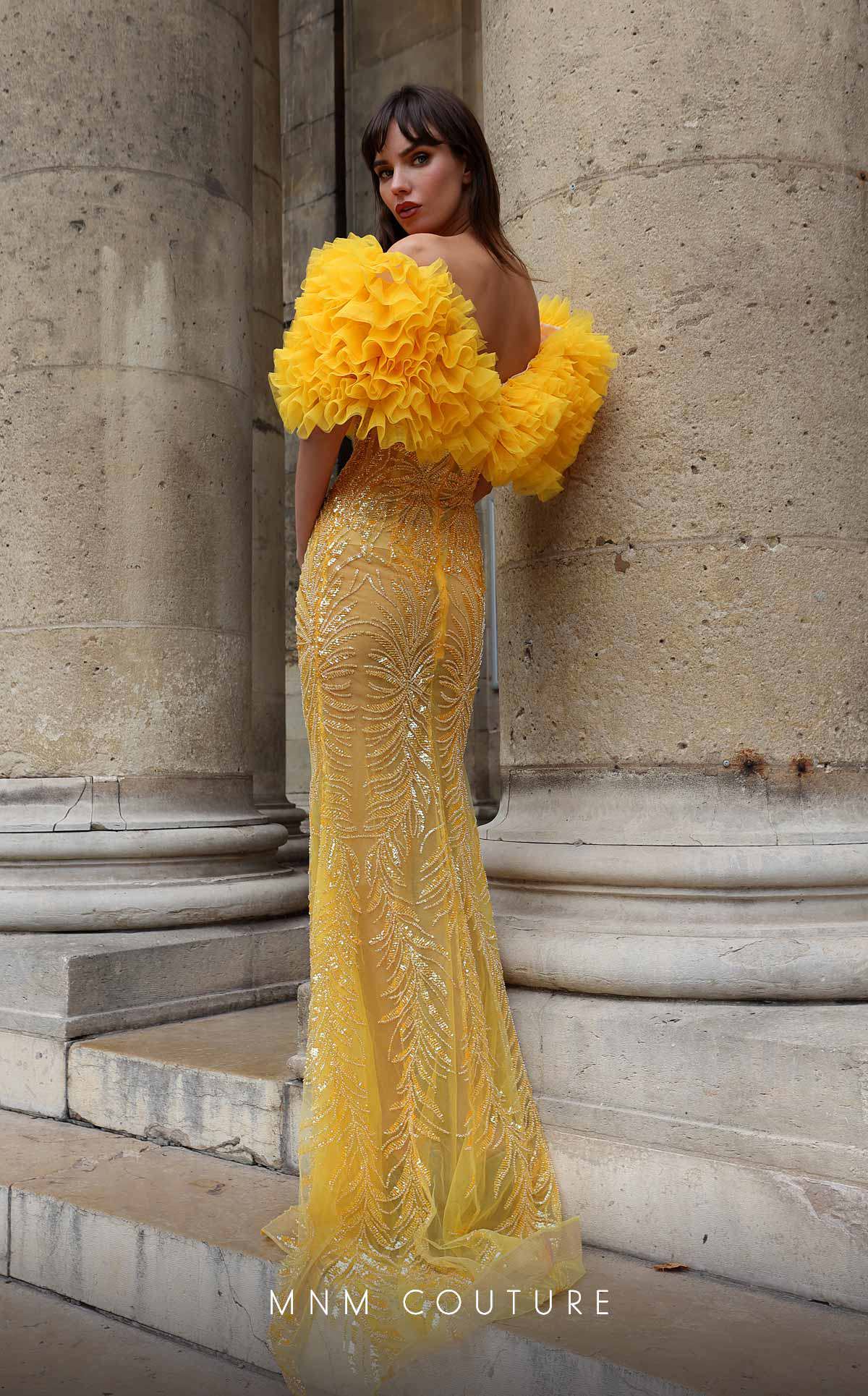 Formal Dresses Fitted Long Formal Ruffle Sequin Evening Dress Yellow