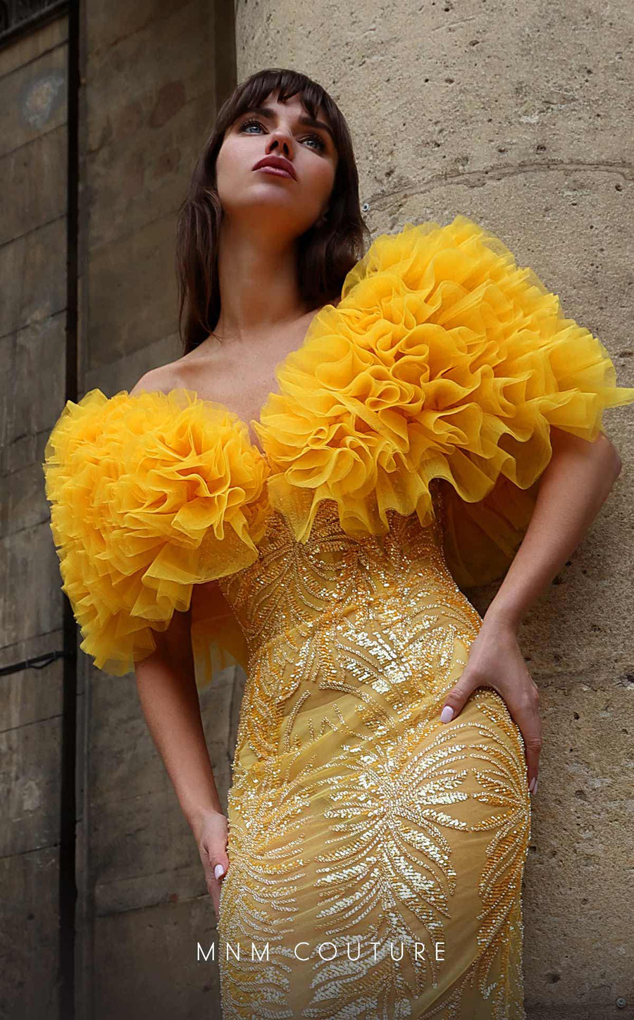 Formal Dresses Fitted Long Formal Ruffle Sequin Evening Dress Yellow