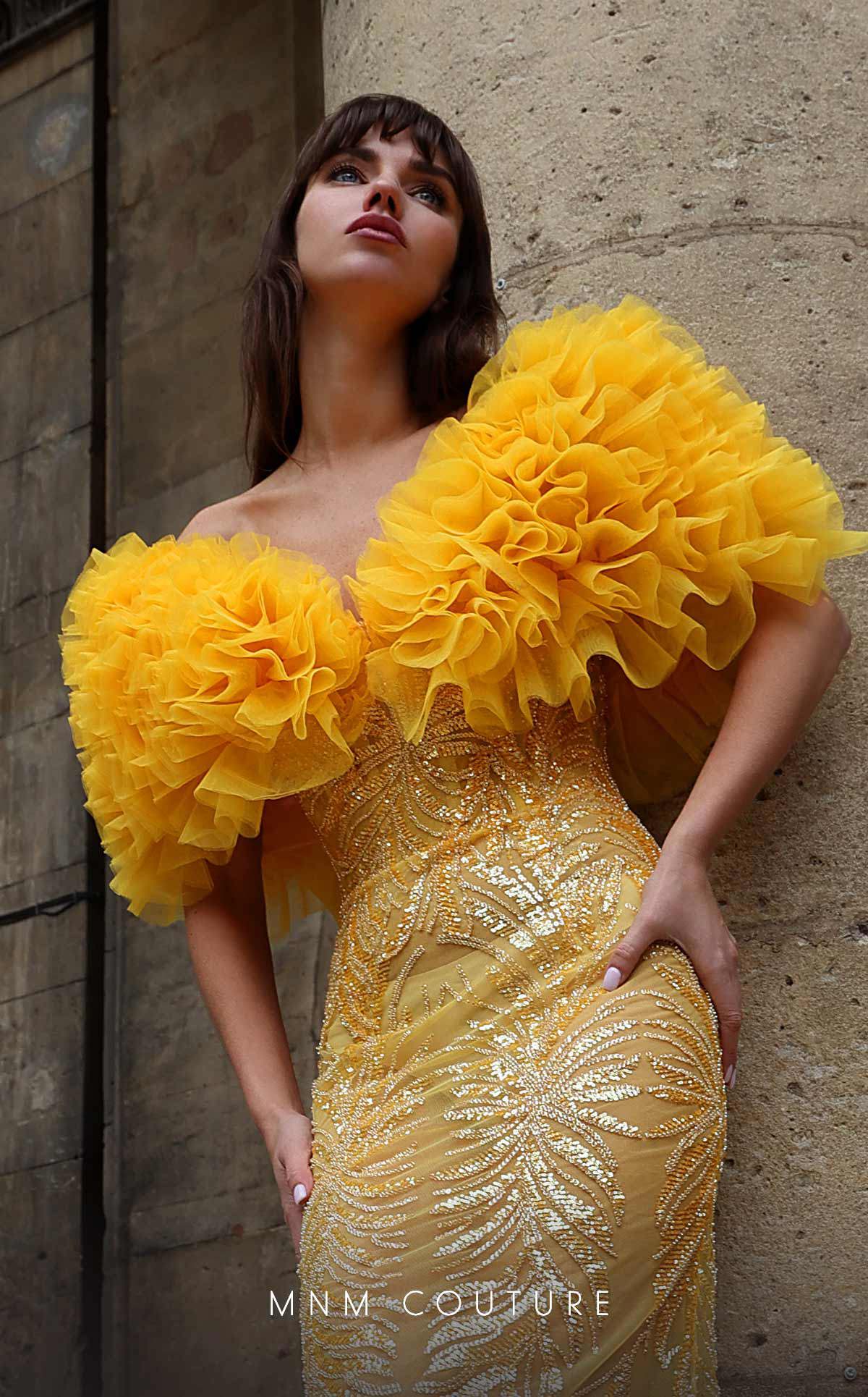 Formal Dresses Fitted Long Formal Ruffle Sequin Evening Dress Yellow