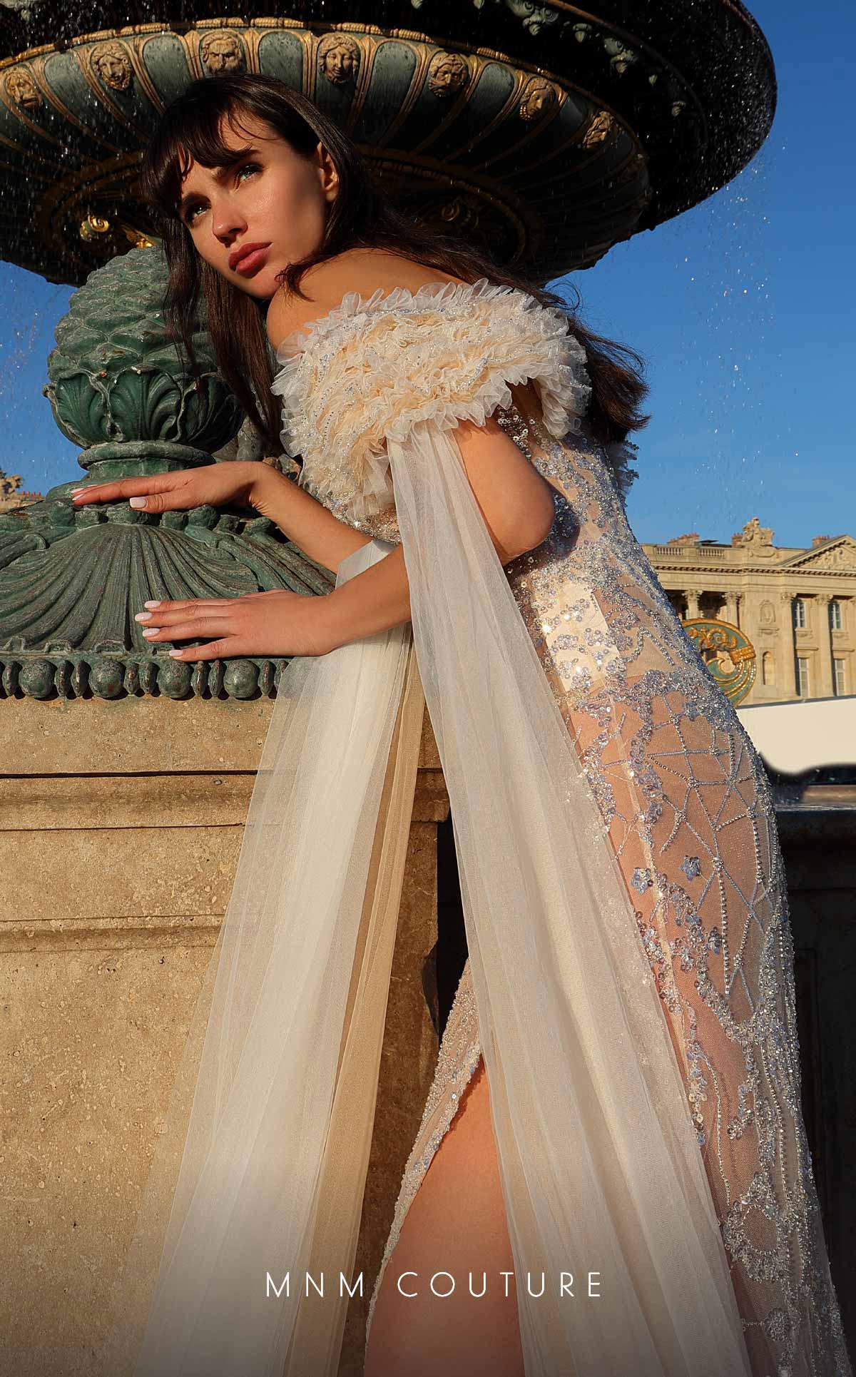 Formal Dresses Fitted Long Beaded Slit Formal Evening Dress Off White