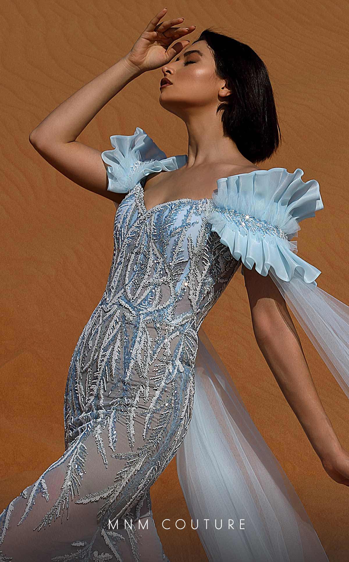 Formal Dresses Long Fitted Evening Gown Beaded Ruffle Formal Dress  Blue