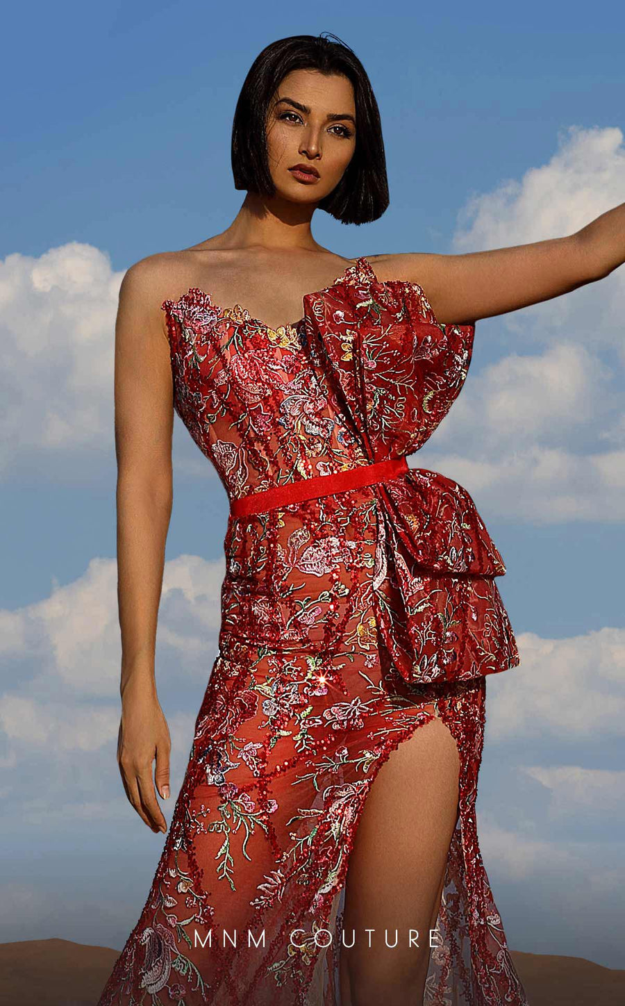 Formal Dresses Long Floral Bow Slit Formal Dress Red