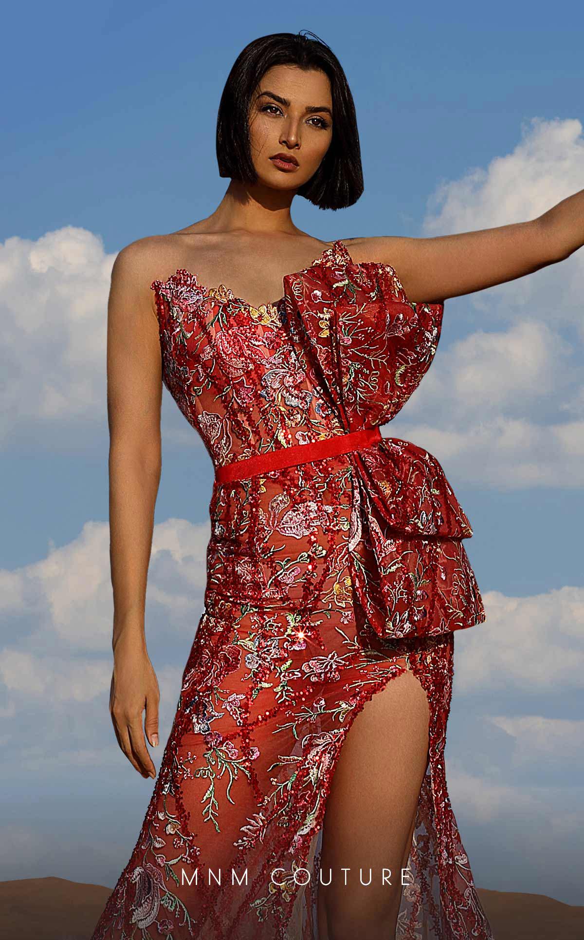 Formal Dresses Long Floral Bow Slit Formal Dress Red