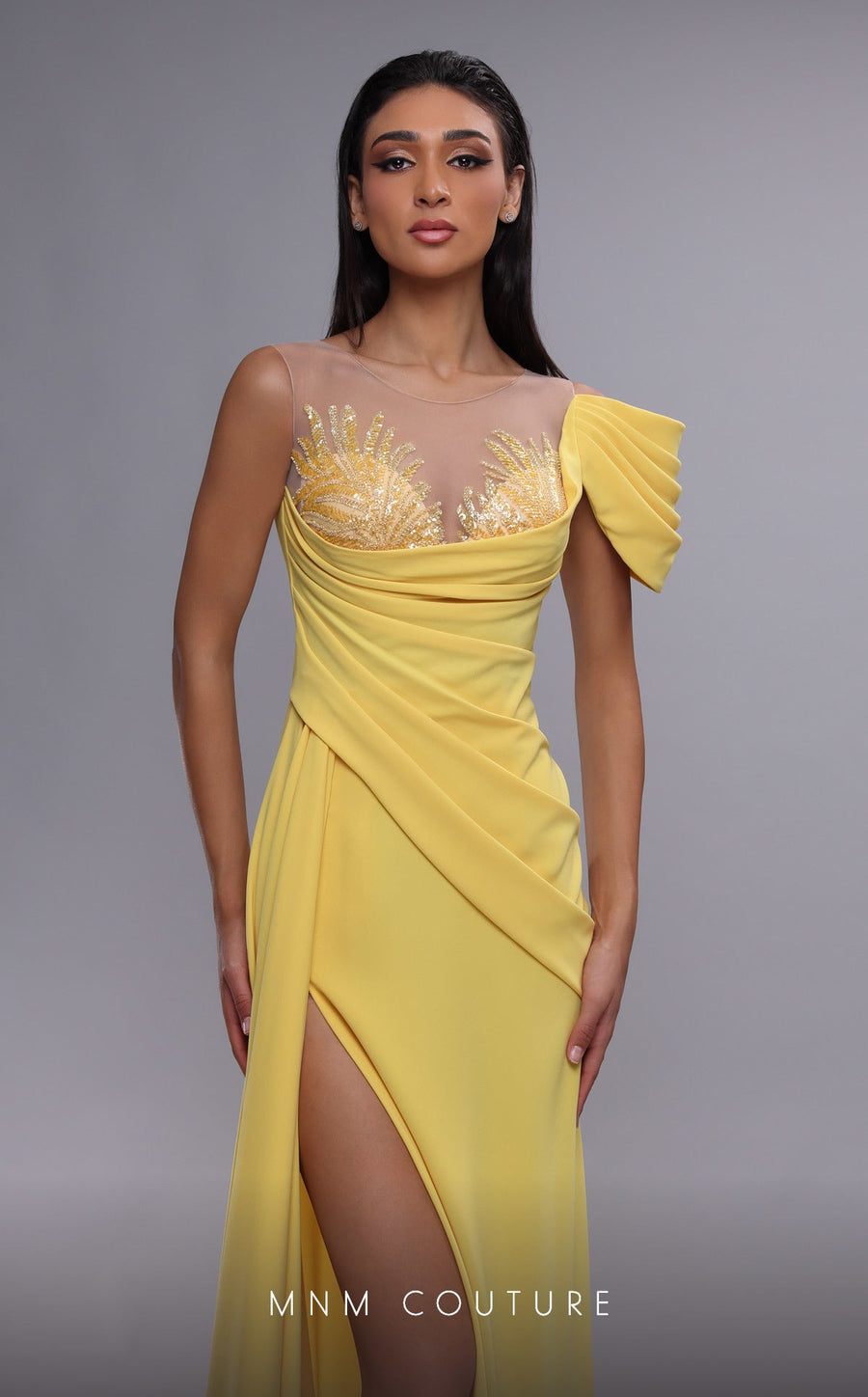 Formal Dresses Long Formal Pleated High Slit Evening Dress Yellow