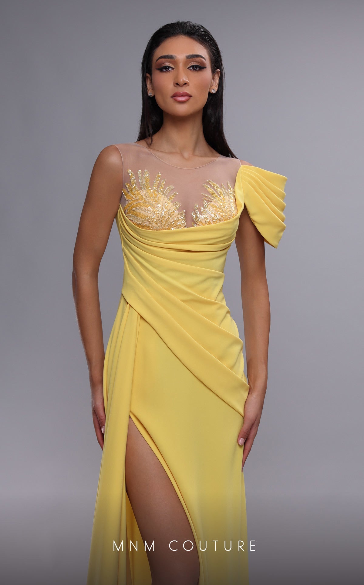 Formal Dresses Long Formal Pleated High Slit Evening Dress Yellow