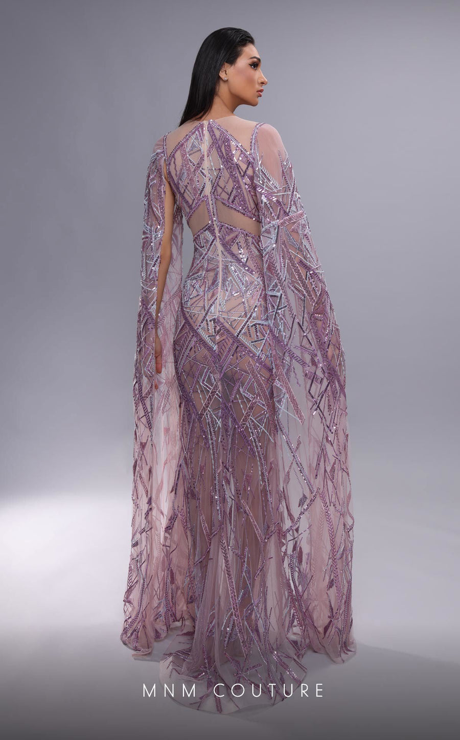 Formal Dresses Beaded Long Formal Evening Cape Sleeve Dress Purple