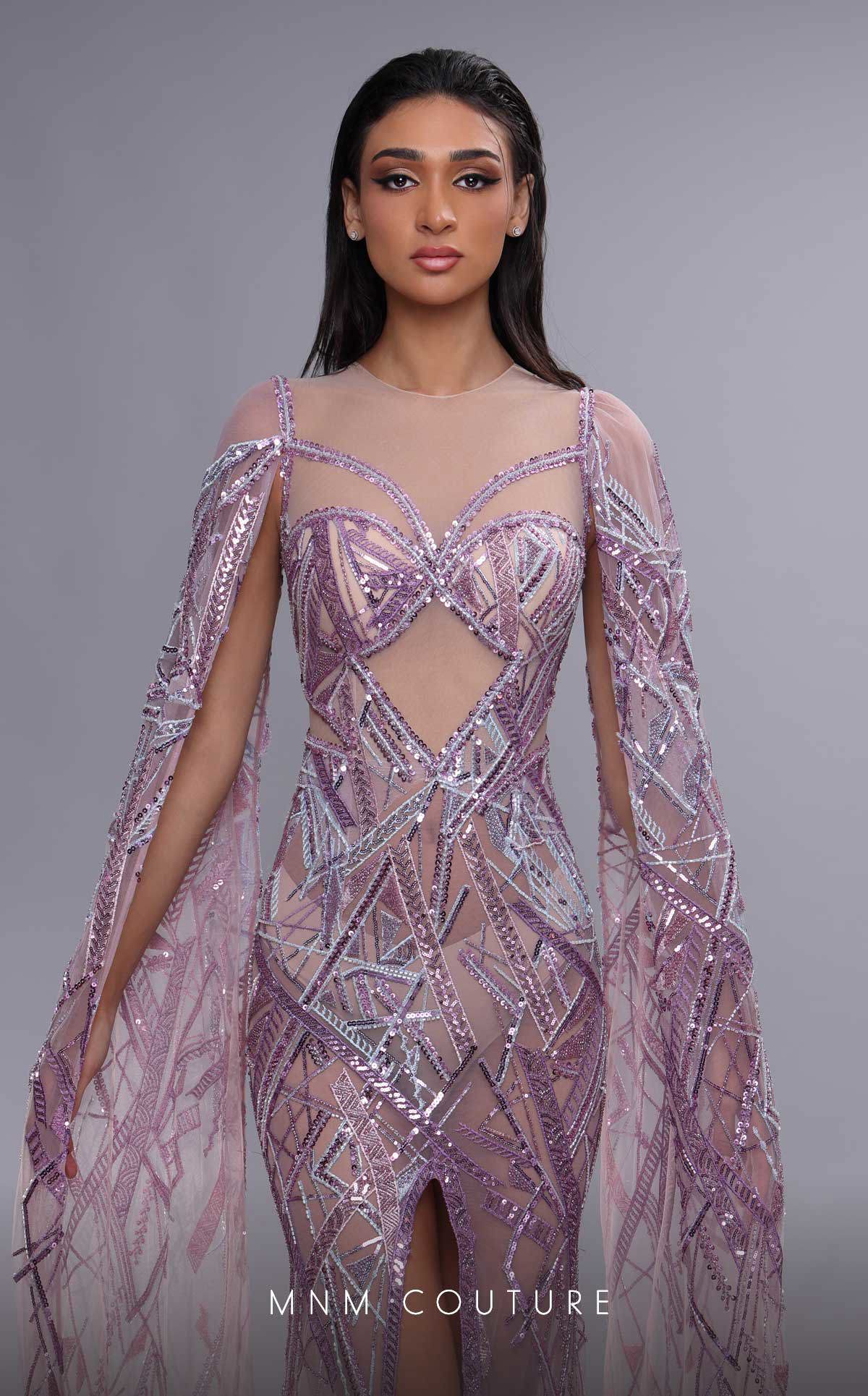 Formal Dresses Beaded Long Formal Evening Cape Sleeve Dress Purple