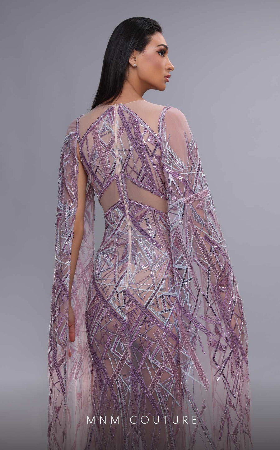 Formal Dresses Beaded Long Formal Evening Cape Sleeve Dress Purple