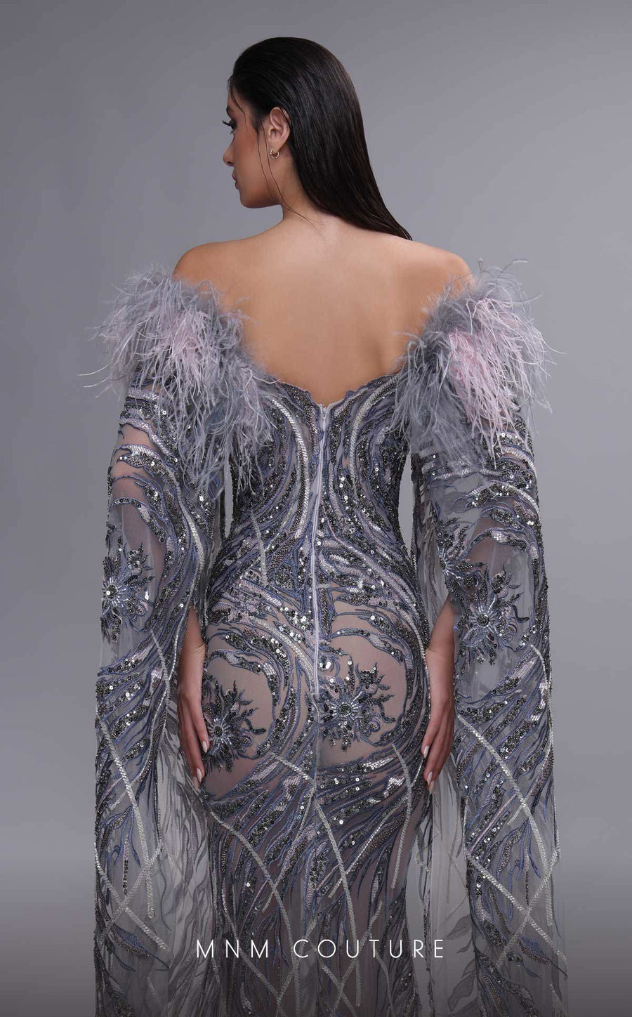 Formal Dresses Beaded Long Formal Cape Sleeve Evening Dress Grey