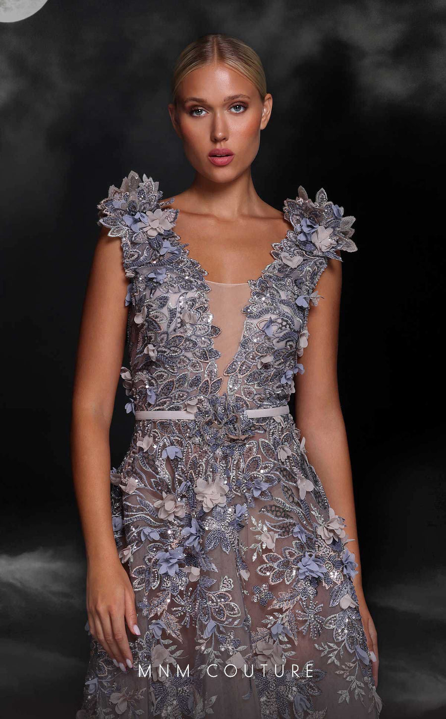 Formal Dresses A Line Long Beaded 3D Floral Applique Formal Dress Grey