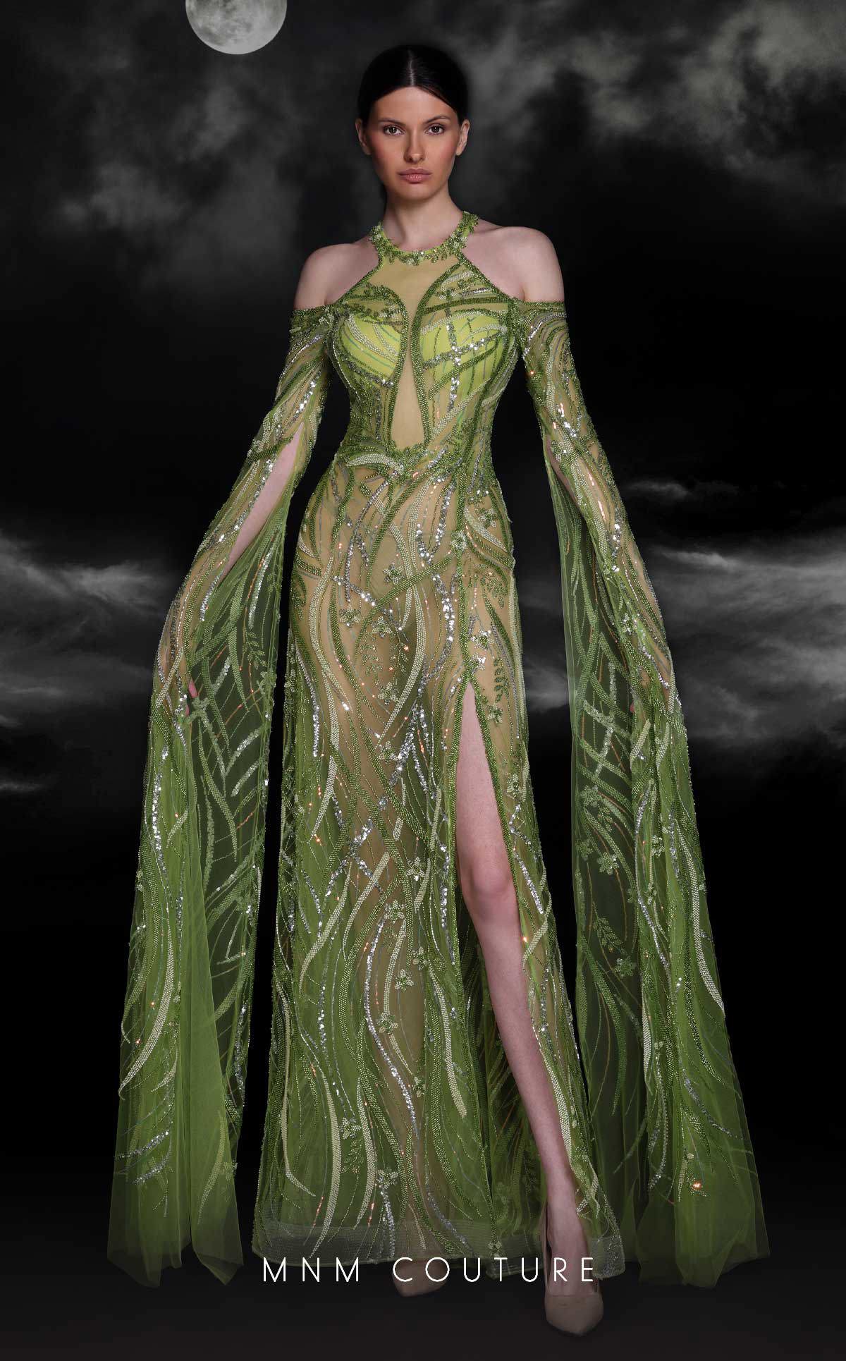 Formal Dresses Prom Beaded Sequin Long Formal Slit Cape Dress Pistache