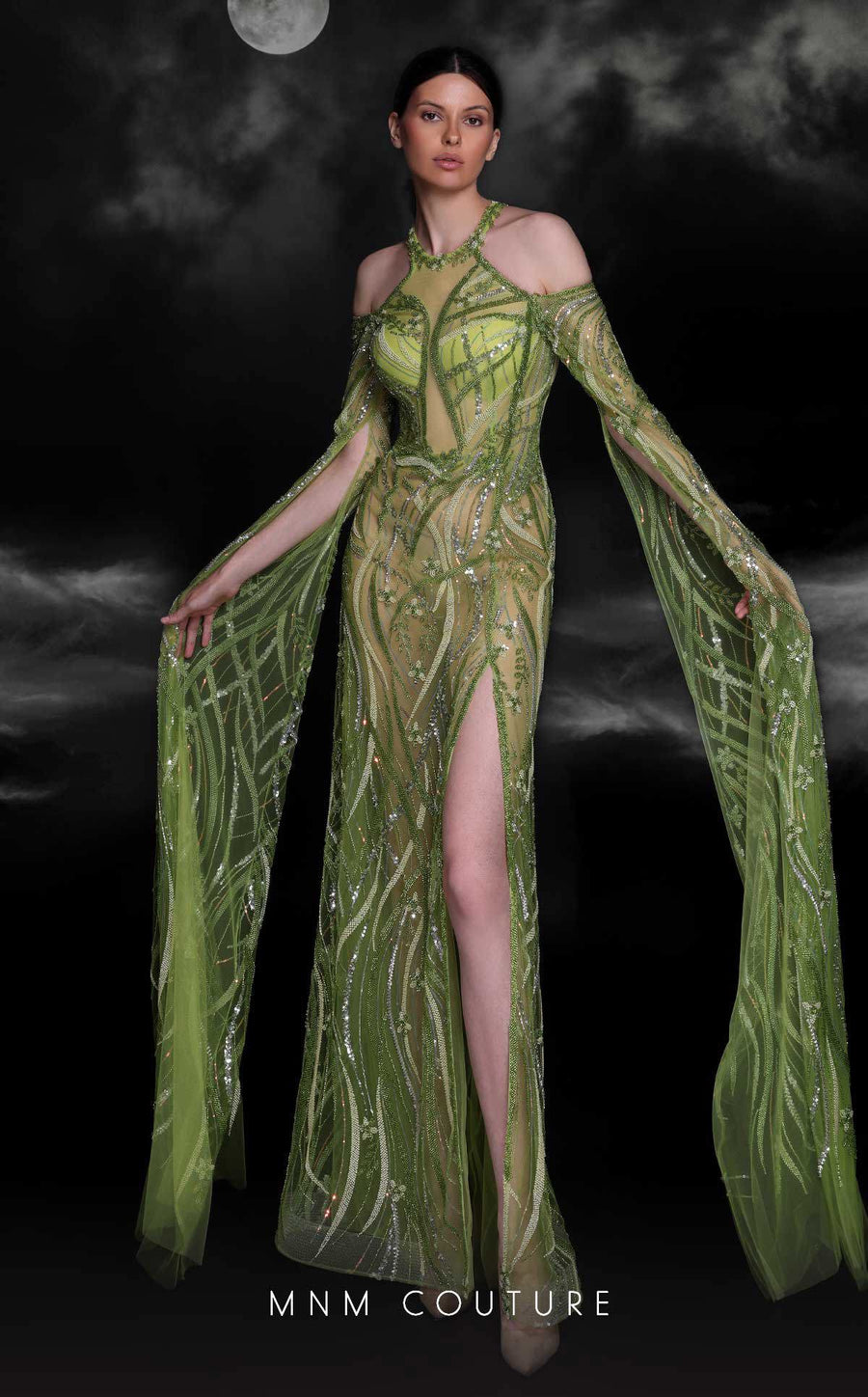 Formal Dresses Prom Beaded Sequin Long Formal Slit Cape Dress Pistache