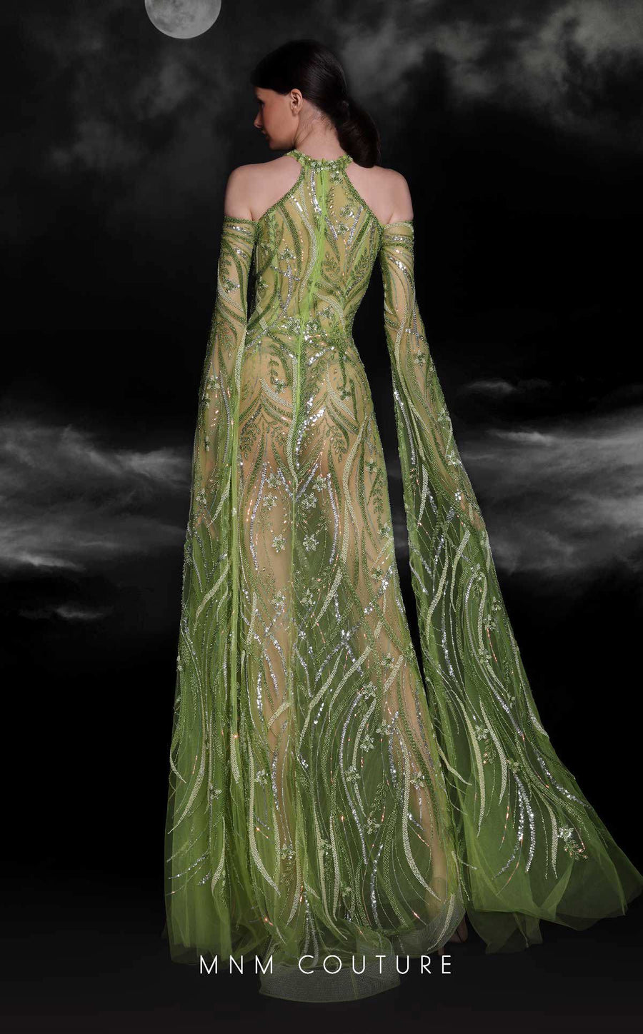 Formal Dresses Prom Beaded Sequin Long Formal Slit Cape Dress Pistache