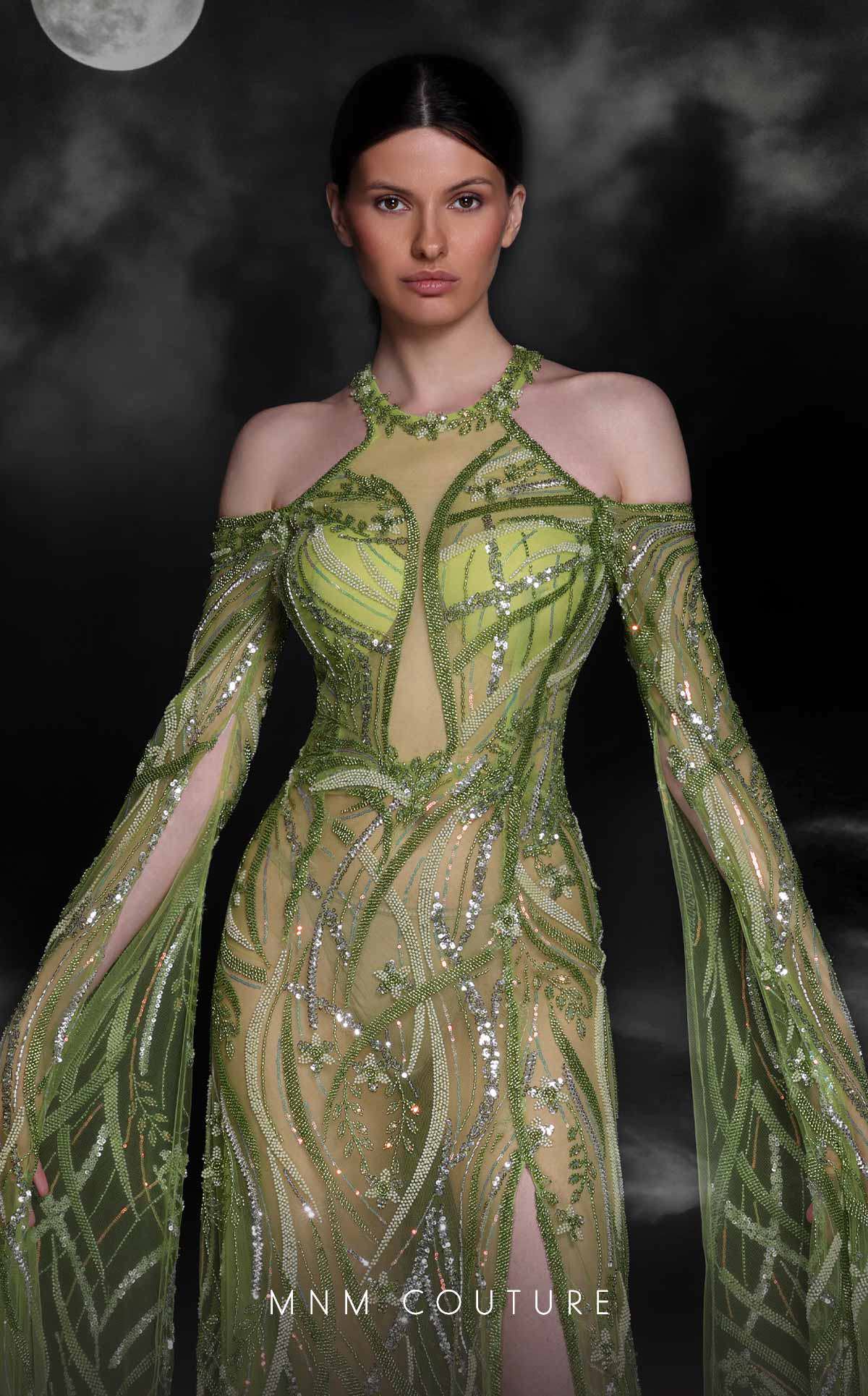 Formal Dresses Prom Beaded Sequin Long Formal Slit Cape Dress Pistache