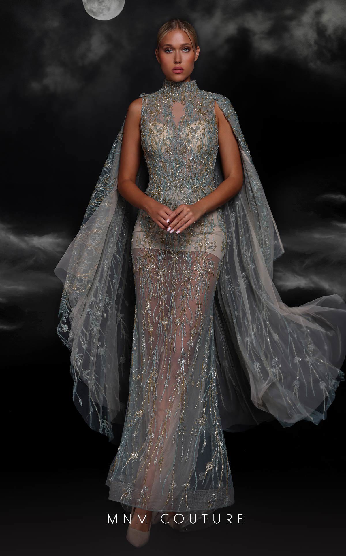 Formal Dresses Fitted Long Formal Beaded Cape Evening Prom Dress Tiffany