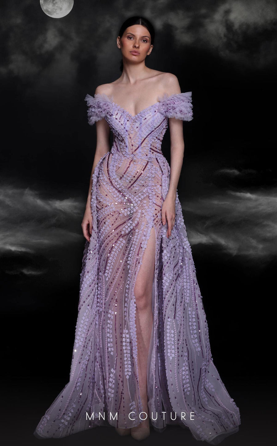 Formal Dresses Beaded A Line Long Ruffle Slit Formal Evening Dress Lilac