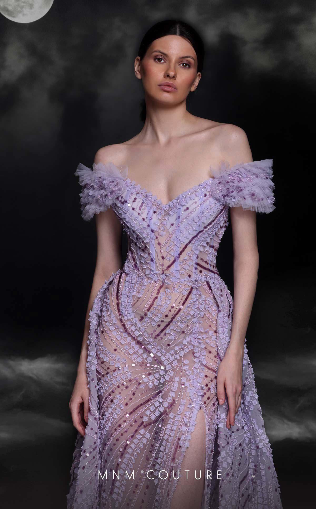 Formal Dresses Beaded A Line Long Ruffle Slit Formal Evening Dress Lilac