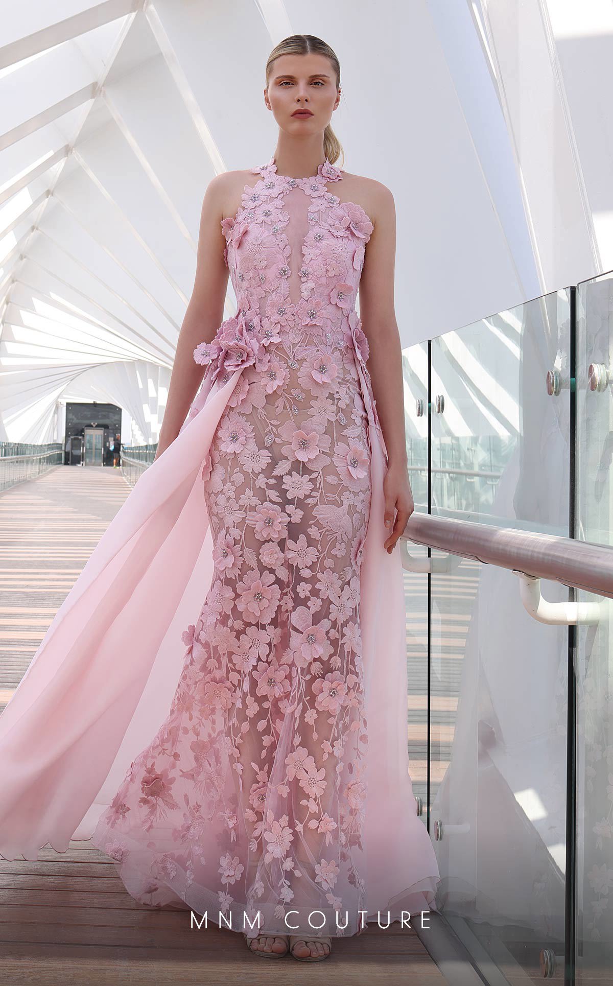 Formal Dresses Beaded Long Formal 3D Floral Applique Overskirt Prom Dress Pink