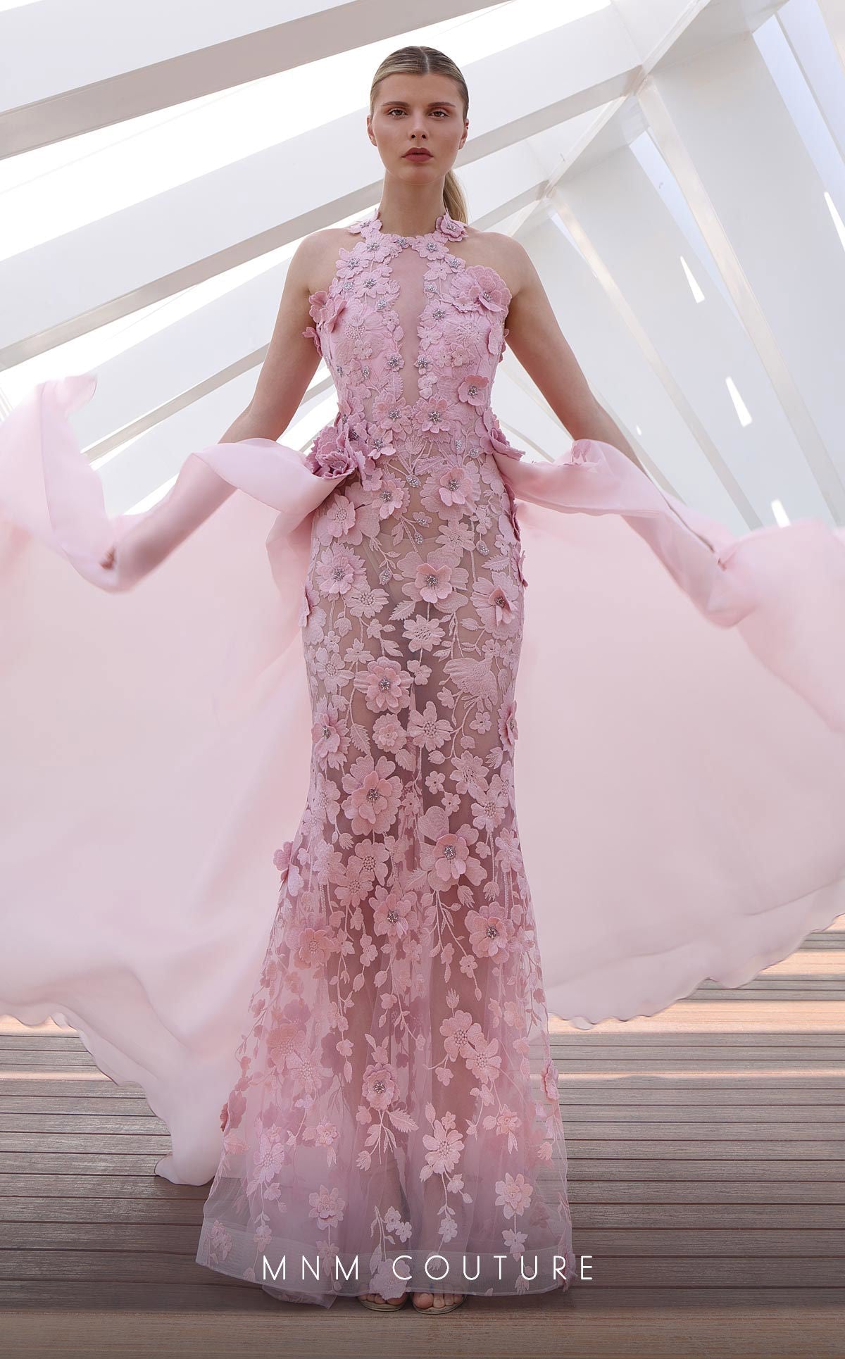 Formal Dresses Beaded Long Formal 3D Floral Applique Overskirt Prom Dress Pink