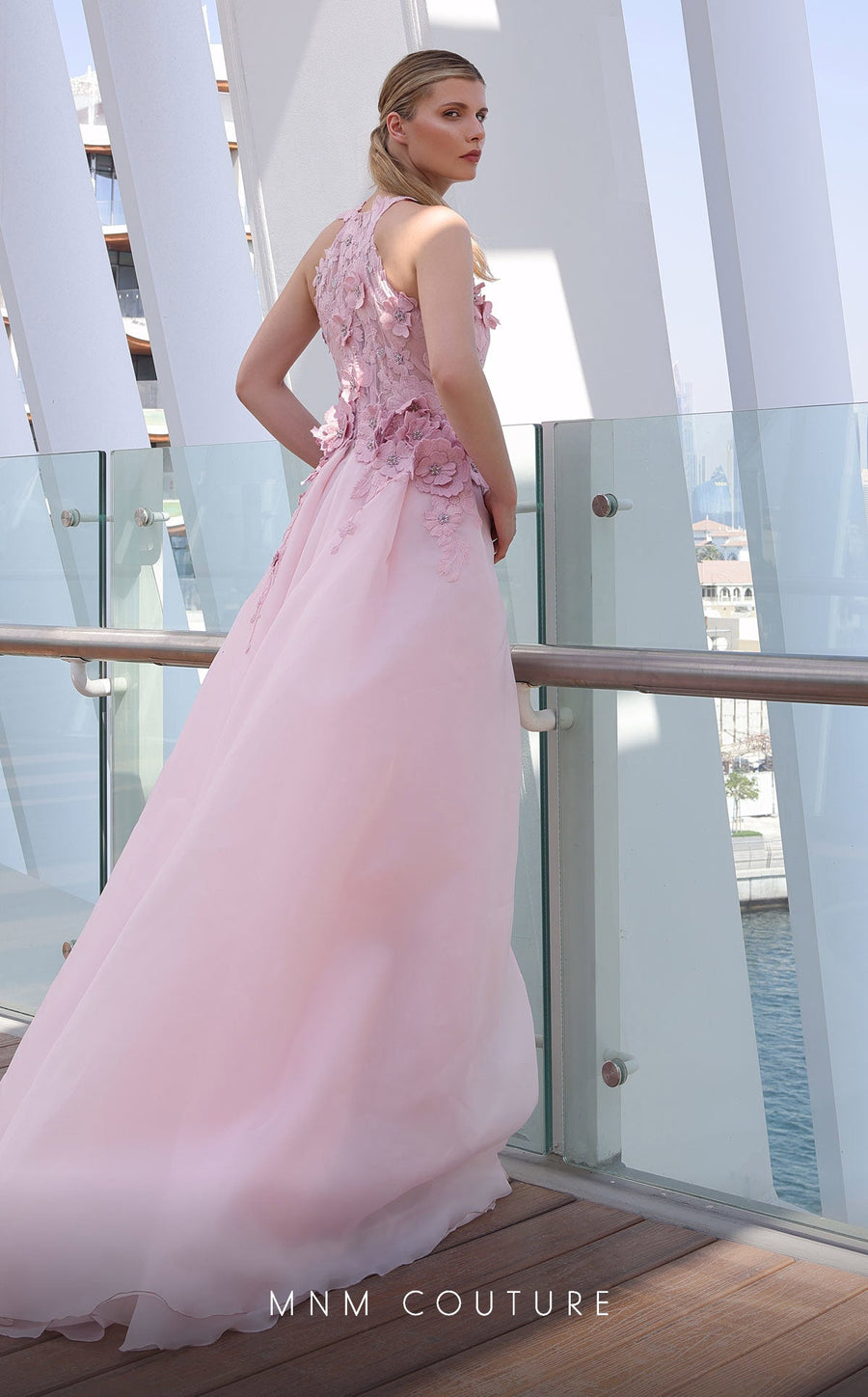 Formal Dresses Beaded Long Formal 3D Floral Applique Overskirt Prom Dress Pink