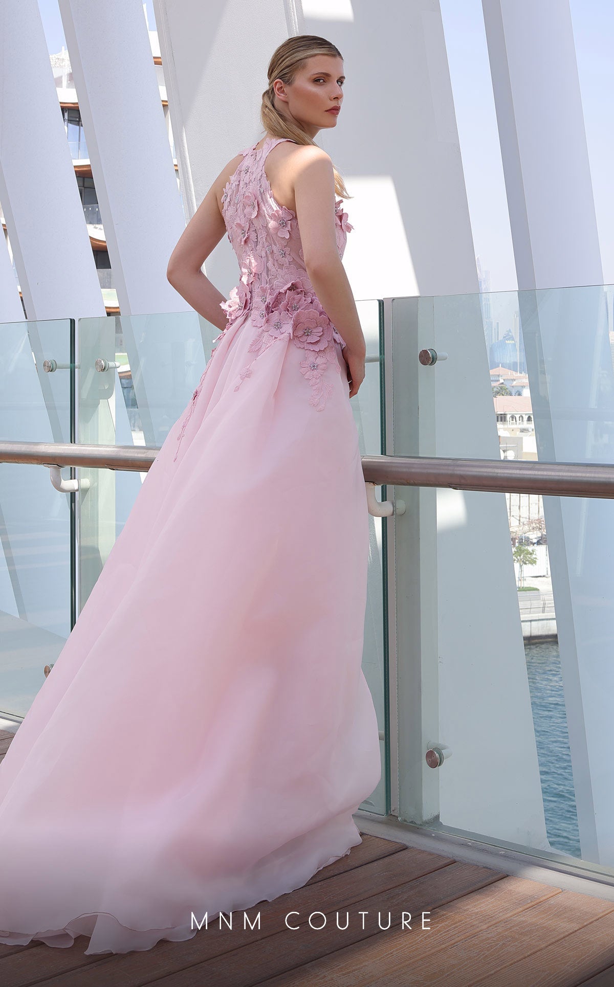 Formal Dresses Beaded Long Formal 3D Floral Applique Overskirt Prom Dress Pink