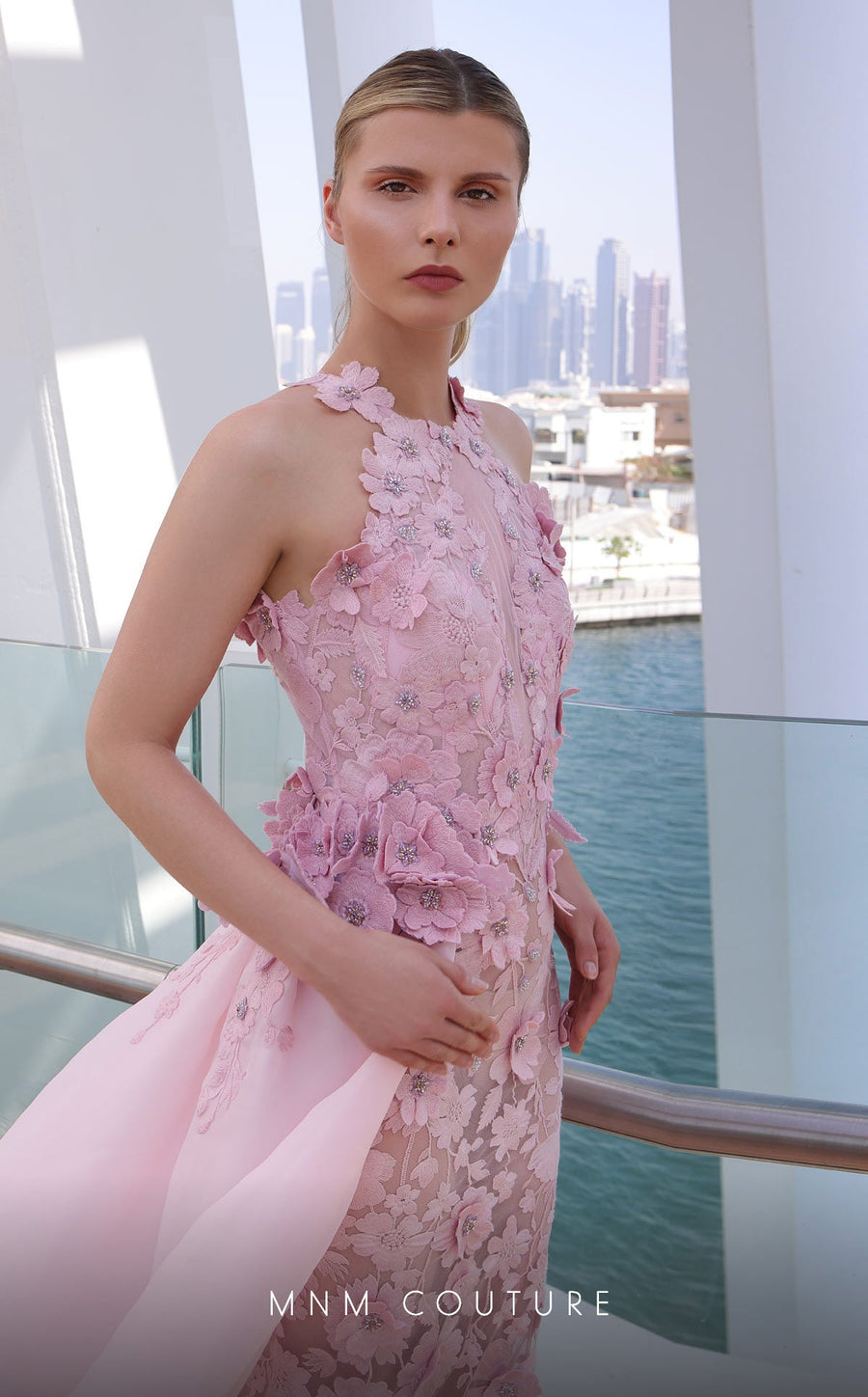 Formal Dresses Beaded Long Formal 3D Floral Applique Overskirt Prom Dress Pink