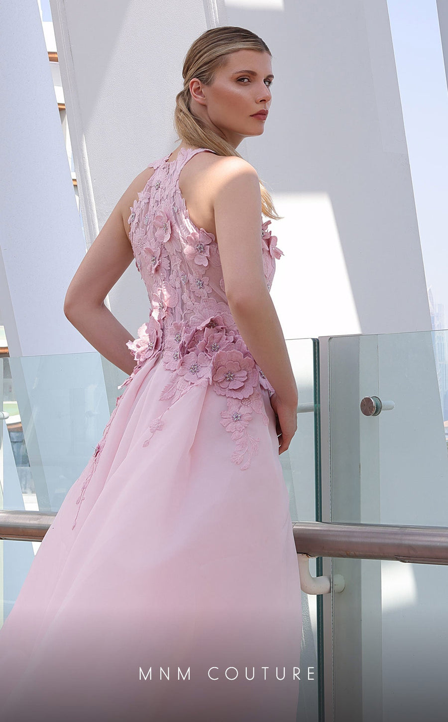Formal Dresses Beaded Long Formal 3D Floral Applique Overskirt Prom Dress Pink