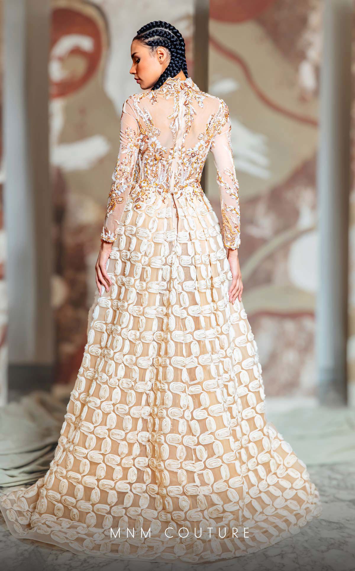 Formal Dresses Long Sleeve Beaded Lace Applique Formal Overskirt Dress Beige