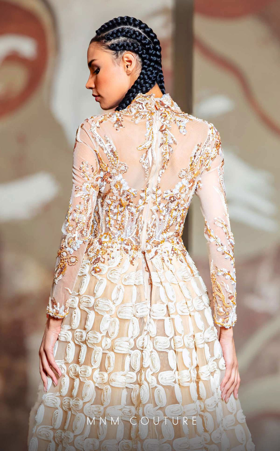 Formal Dresses Long Sleeve Beaded Lace Applique Formal Overskirt Dress Beige