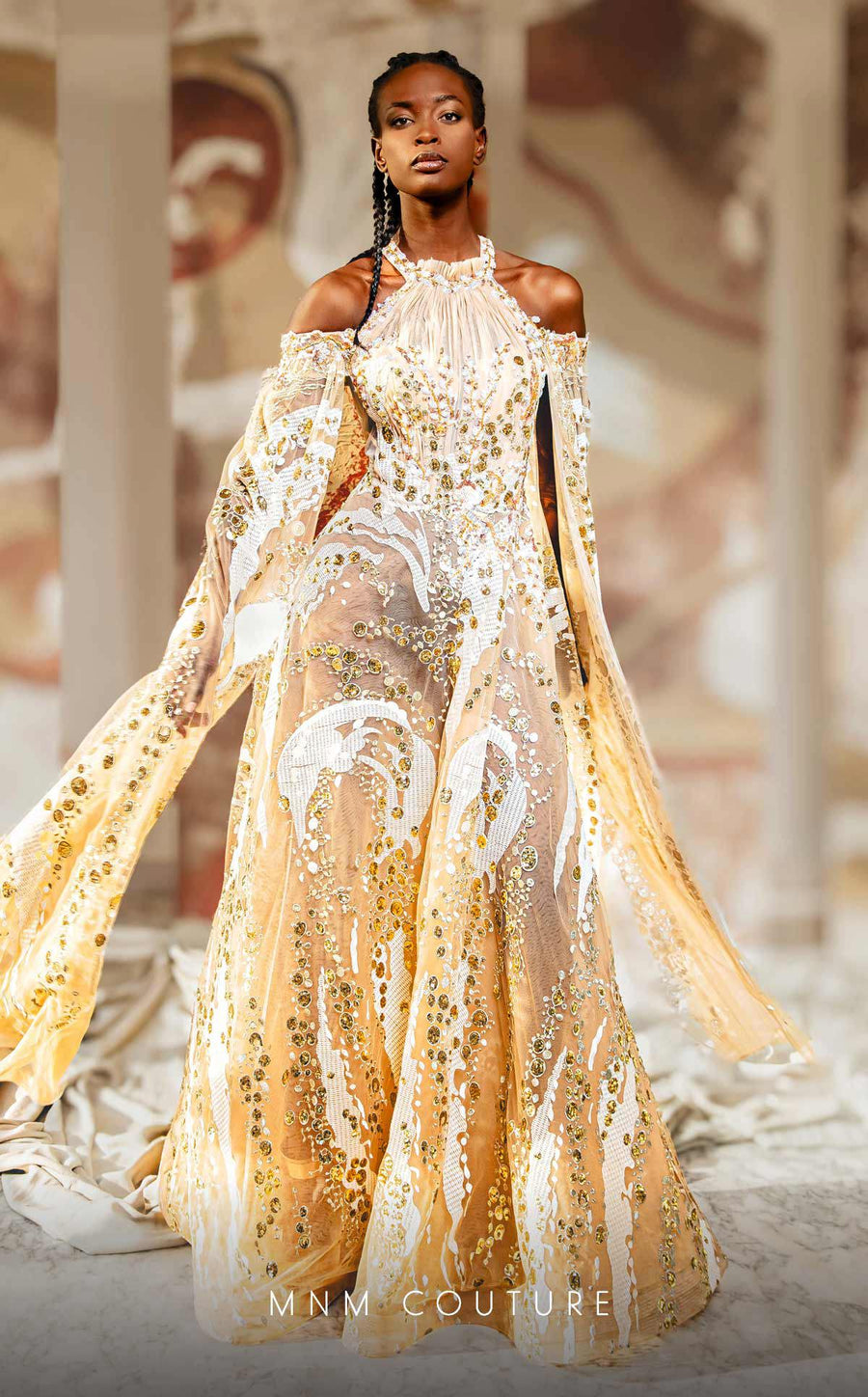 Formal Dresses Formal Long Beaded Lace Applique Cape Prom Dress Beige