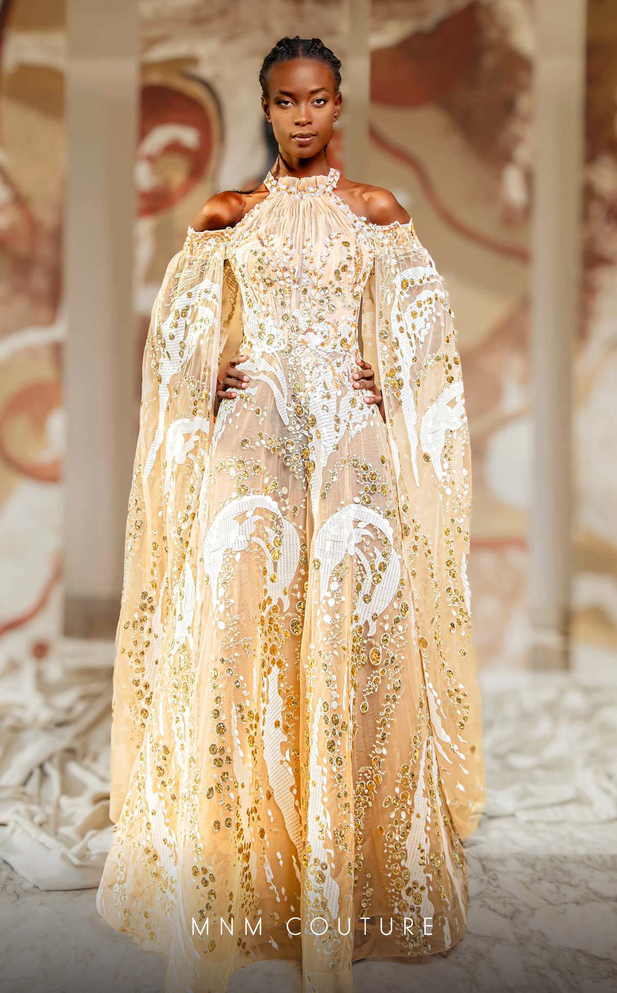 Formal Dresses Formal Long Beaded Lace Applique Cape Prom Dress Beige