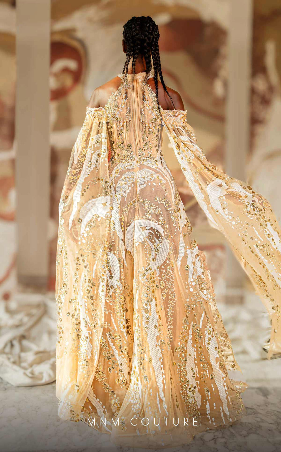 Formal Dresses Formal Long Beaded Lace Applique Cape Prom Dress Beige