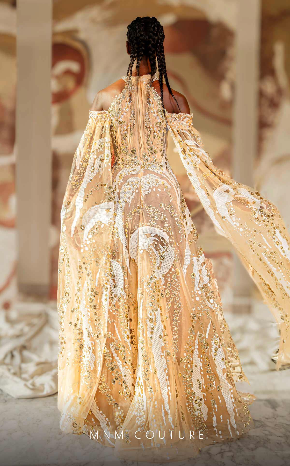 Formal Dresses Formal Long Beaded Lace Applique Cape Prom Dress Beige