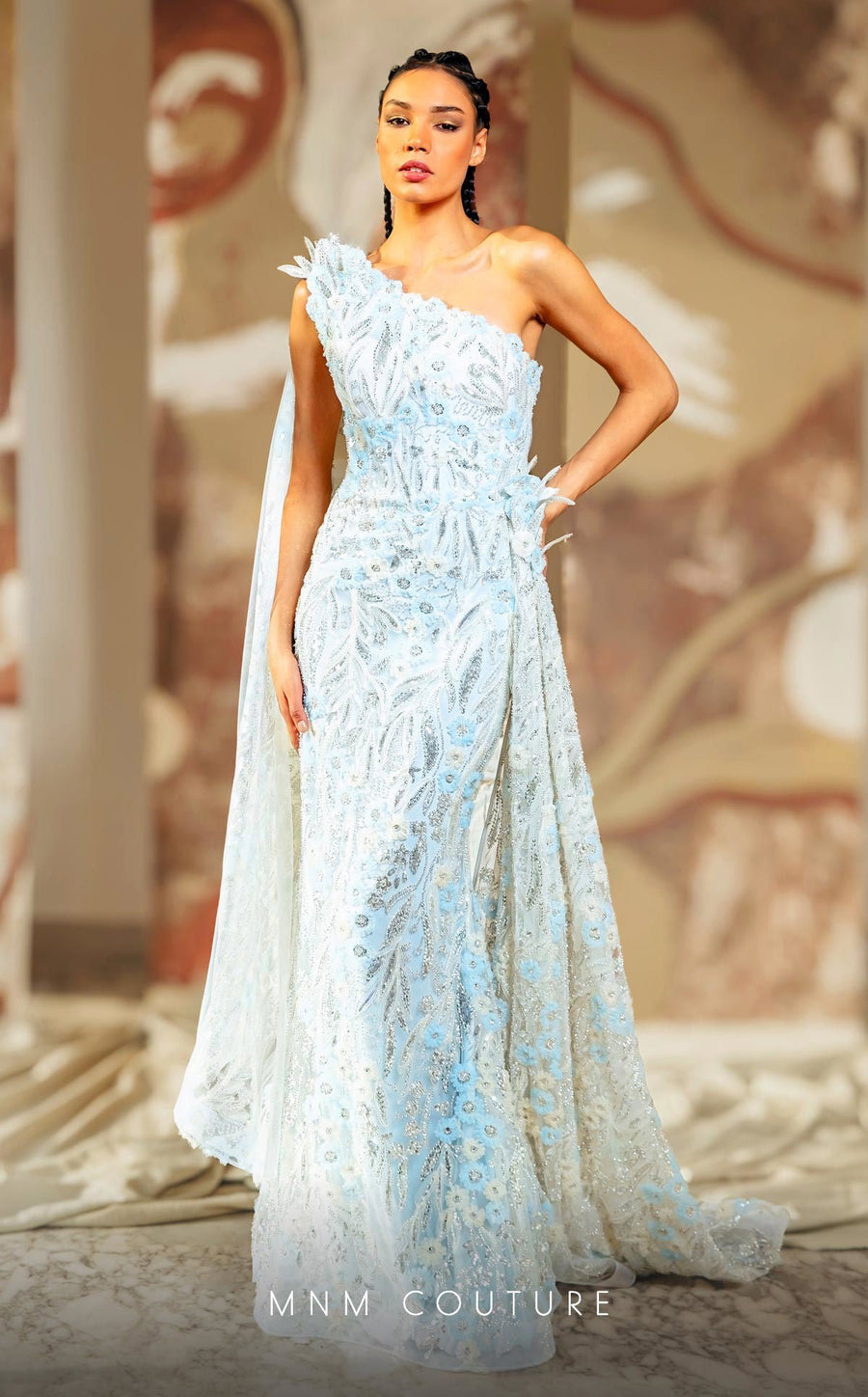 Formal Dresses Long 3D Floral Applique Formal Overskirt Prom Dress Light Blue