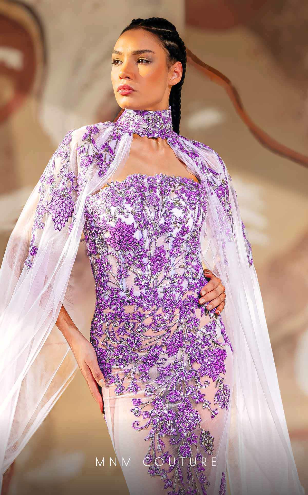 Formal Dresses Fitted Lace Applique Long Formal Beaded Prom Dress Purple