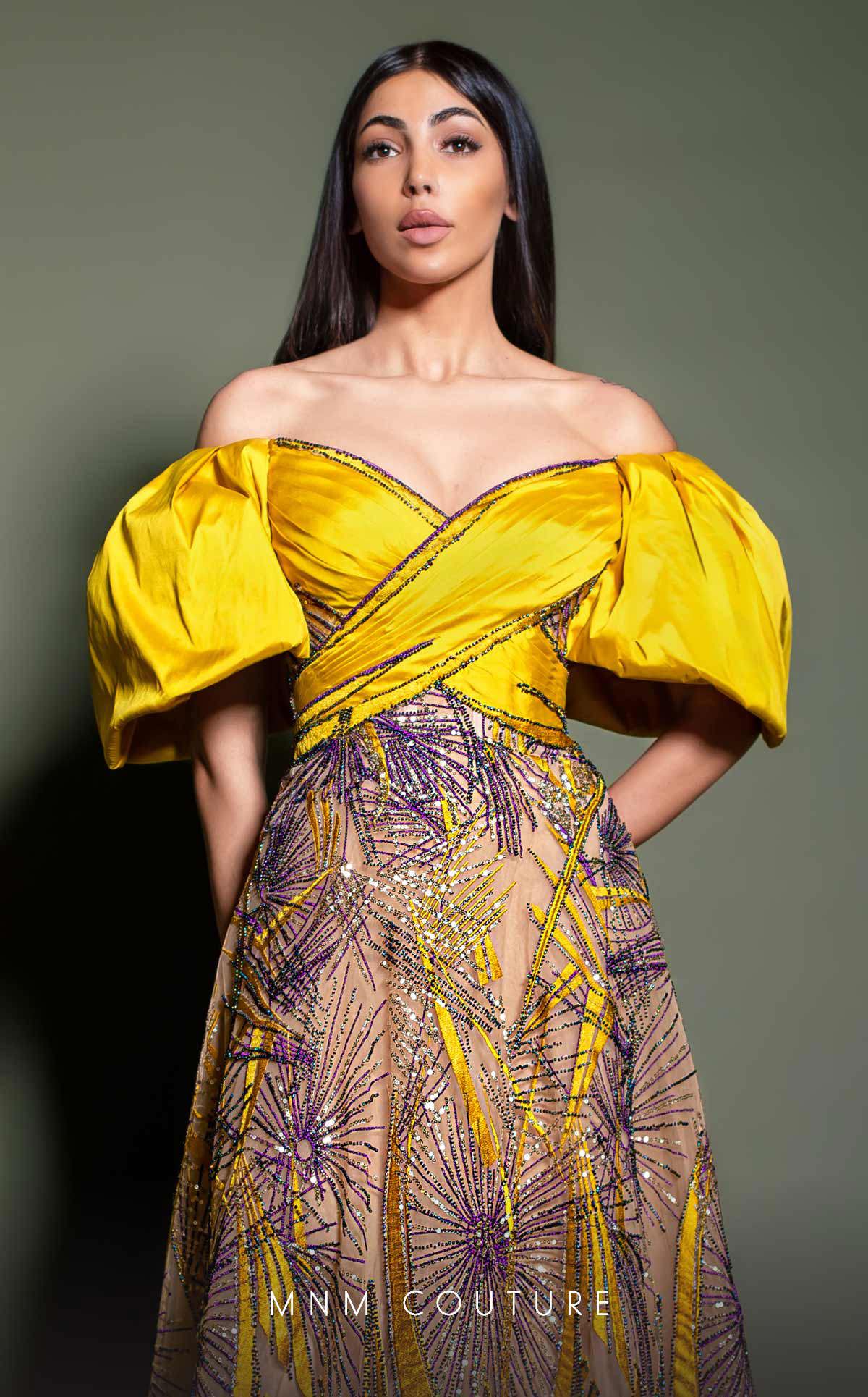 Formal Dresses A Line Beaded Long Formal Puff Sleeve Evening Dress Yellow