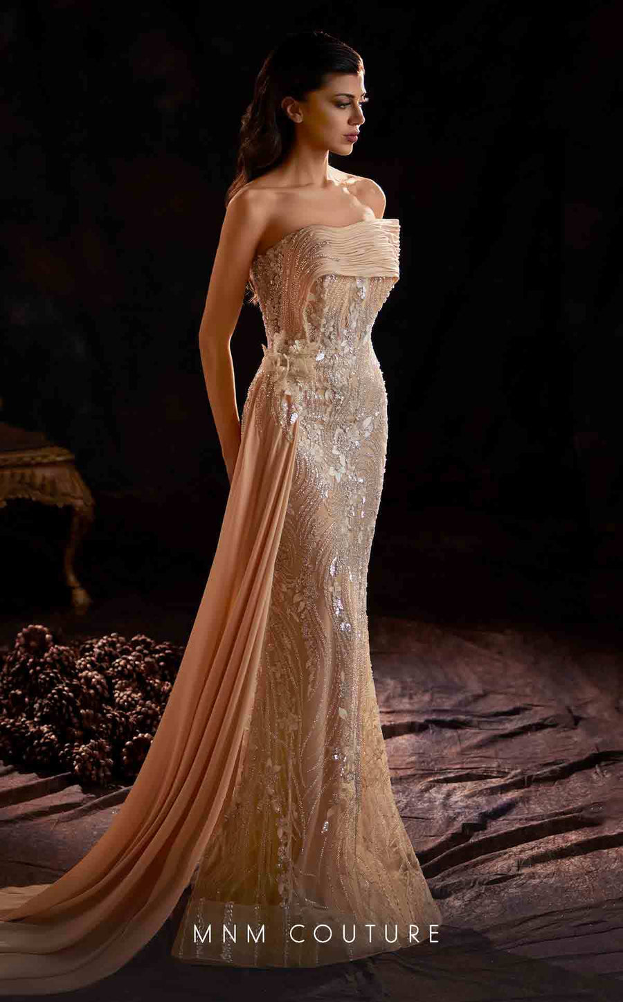 Prom Dresses Fitted Long Formal Beaded Overskirt Prom Dress Beige