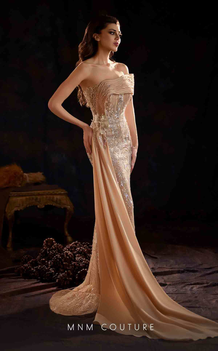 Prom Dresses Fitted Long Formal Beaded Overskirt Prom Dress Beige