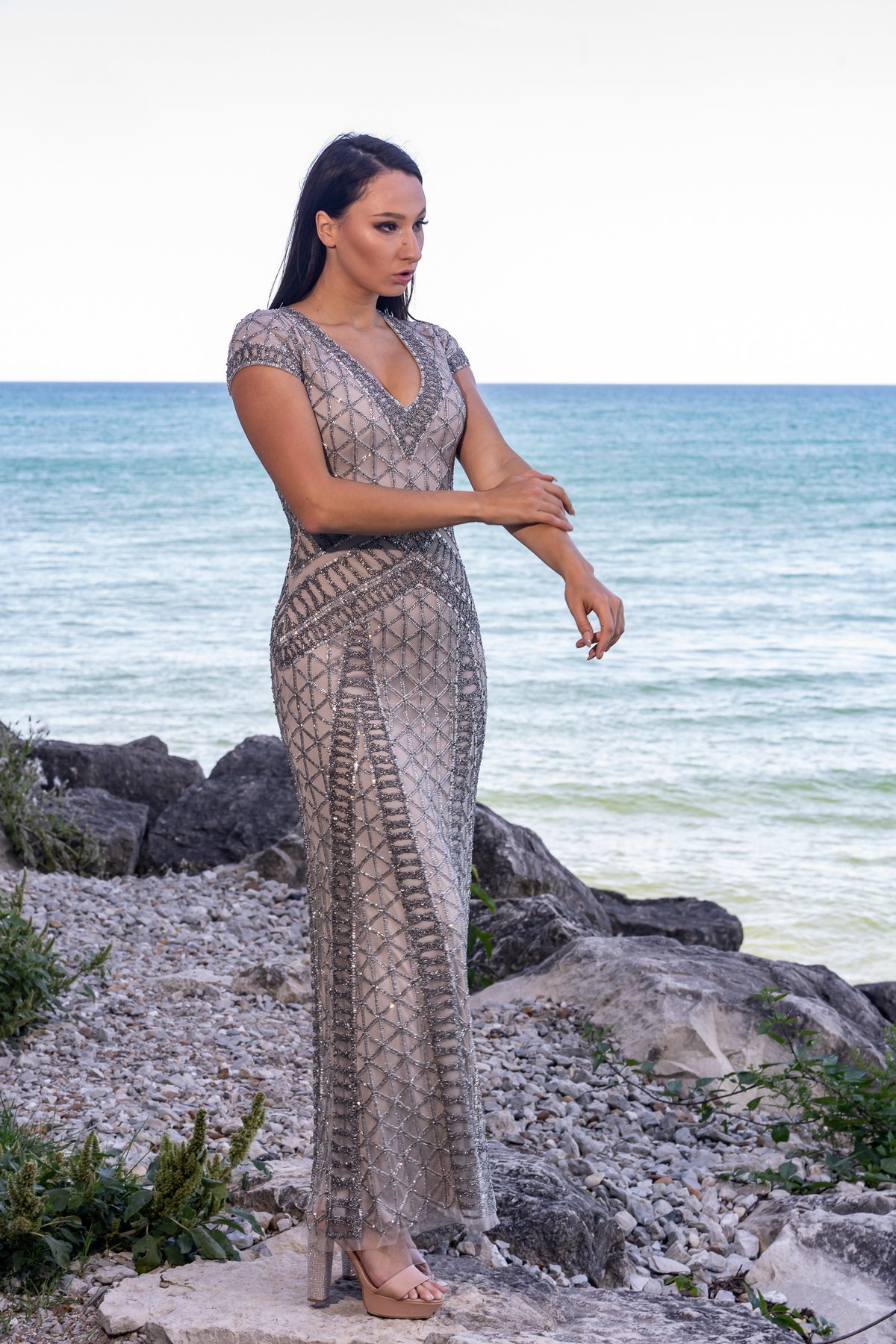 Mother of the Bride Dresses Beaded Long Formal Mother of the Bride Dress Silver